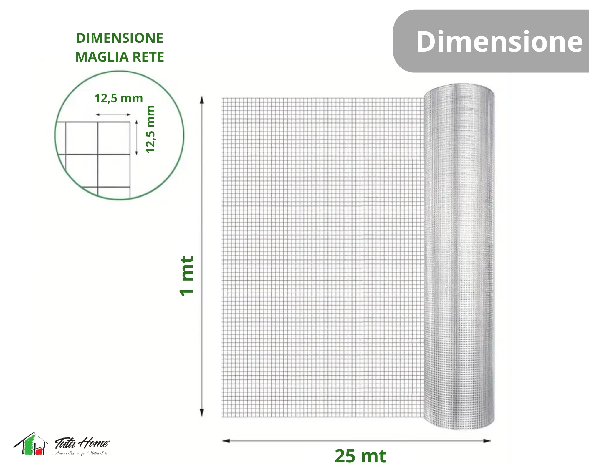 Rete Metallica Zincata Elettrosaldata Per Recinzioni Maglia Piccola Quadra 12,5x12,5 mm per Voliere Gabbie Uccelli Orti e Giardino Rotolo h.100 cm. x 25 mt.