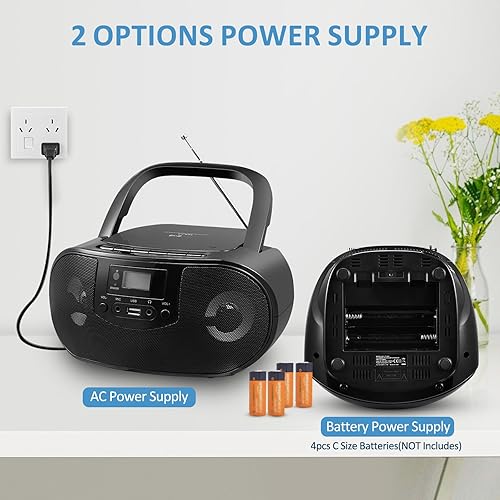 Miniatura 8 de Boombox reproductor de CD portátil con radio FM, caja estéreo de CD de carga superior para el hogar, Bluetooth, control remoto, luz de discoteca,