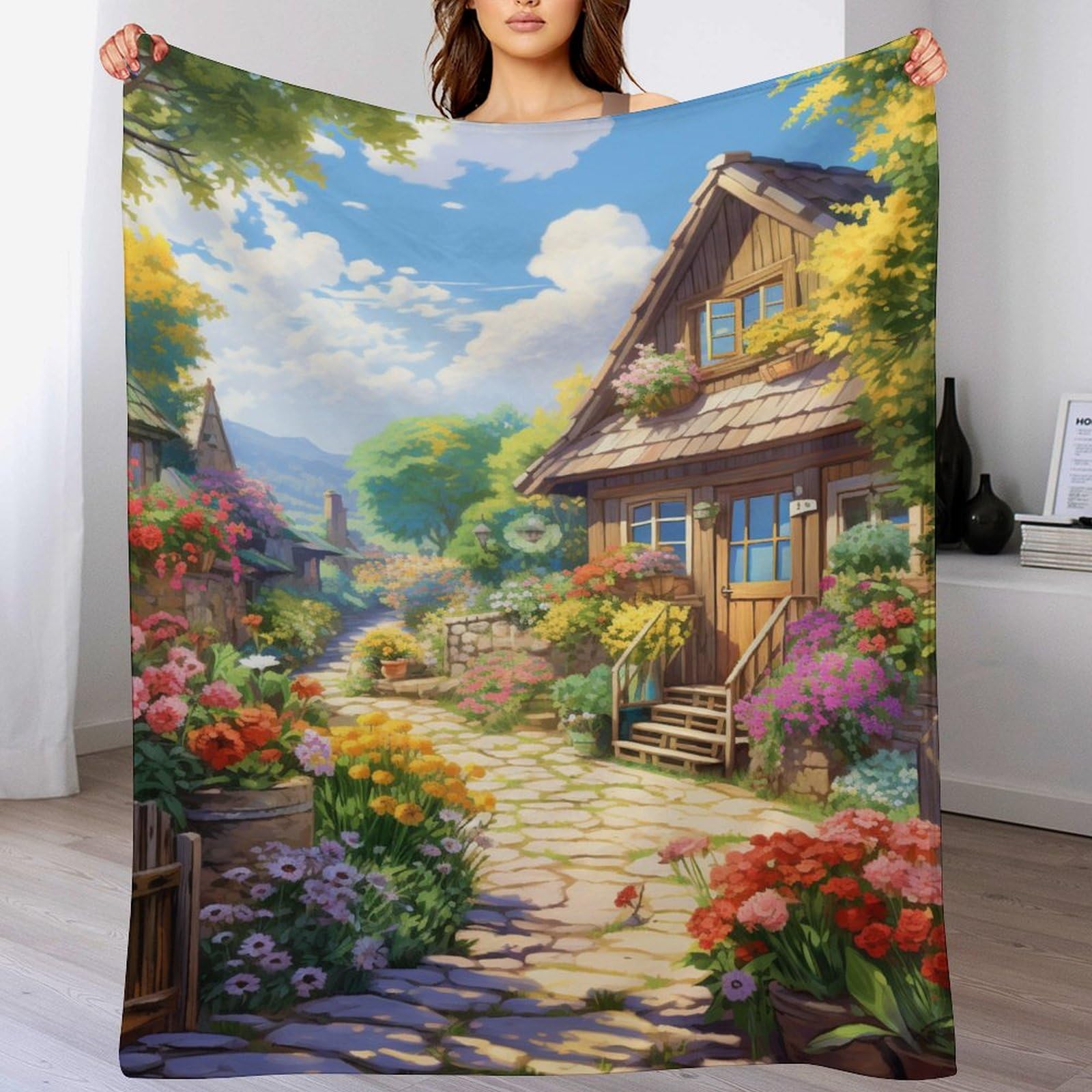 Couverture polaire douce flannel motif chalet de montagne 180x200cm