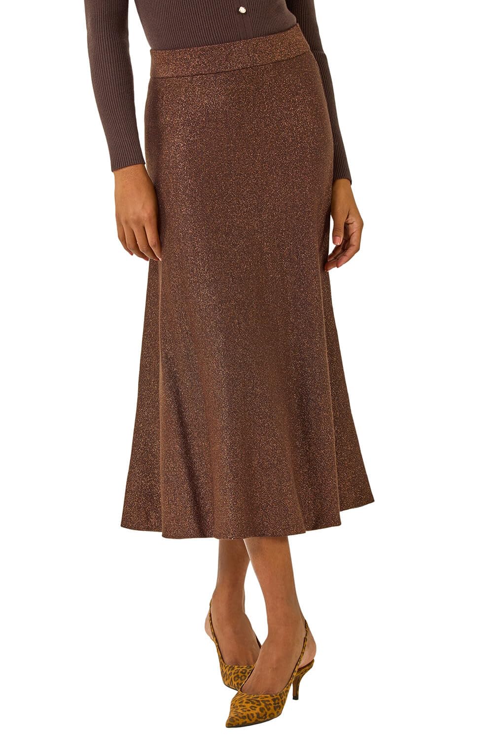 Roman Originals Women's Dark Brown Roman Knitted Skirt For Uk Midi Maxi Full Length Winter Autumn A-Line Swing Pull On Smart Casual Work Office Elasticated Waist Flattering Knit Knitwear - Size 10