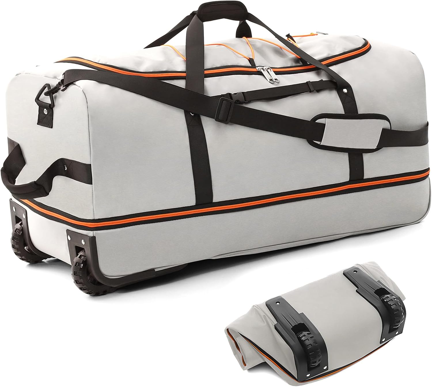 32” Soft Sided Foldable Duffel Bag without Telescopic Handle,110L 140L Expandable Rolling Travel Bag with 2 Wheels,Multiple Compartments,Grey