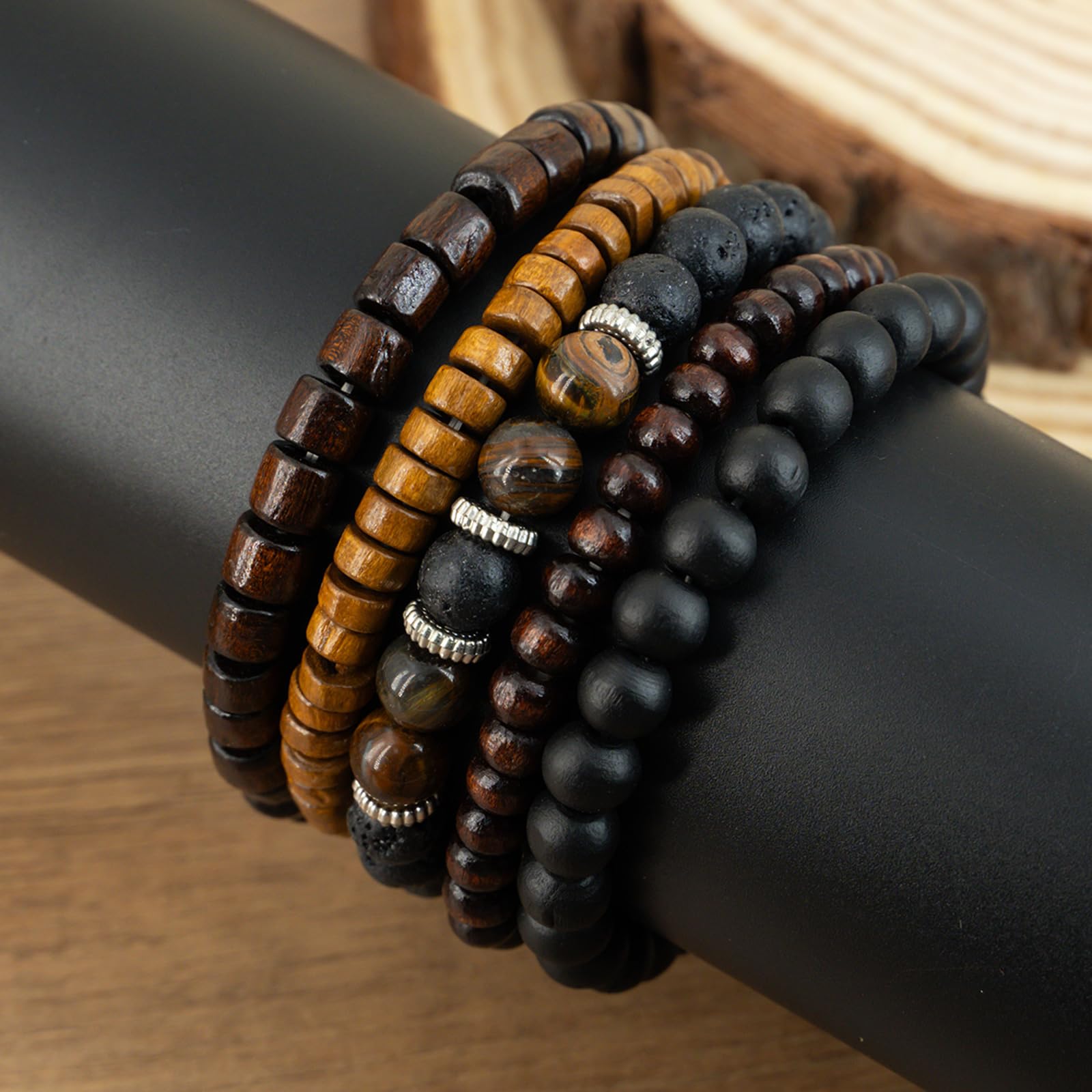 Set di 5 Braccialetti con Perline di Legno, Unisex, Stile Rustico Bohémien, Accessorio di gioielleria Vintage alla Moda, per Uomo e Donna