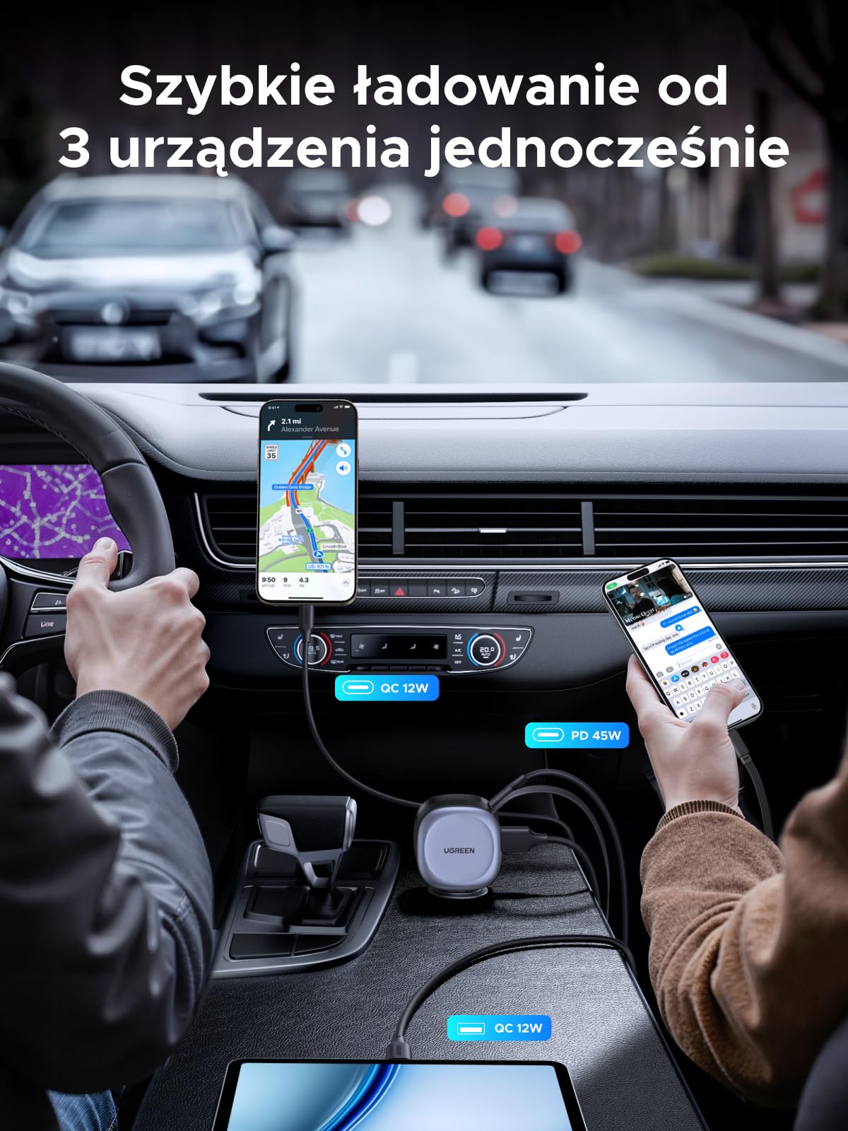 UGREEN Ładowarka USB C 75 W zwijana do zapalniczki samochodowej z kablem | Szybkie ładowanie typu C o mocy 60W, kompatybilne z zasilaniem samochodowym 12V-24v, do komputerów Macbook/iPad/iPhone/Galaxy