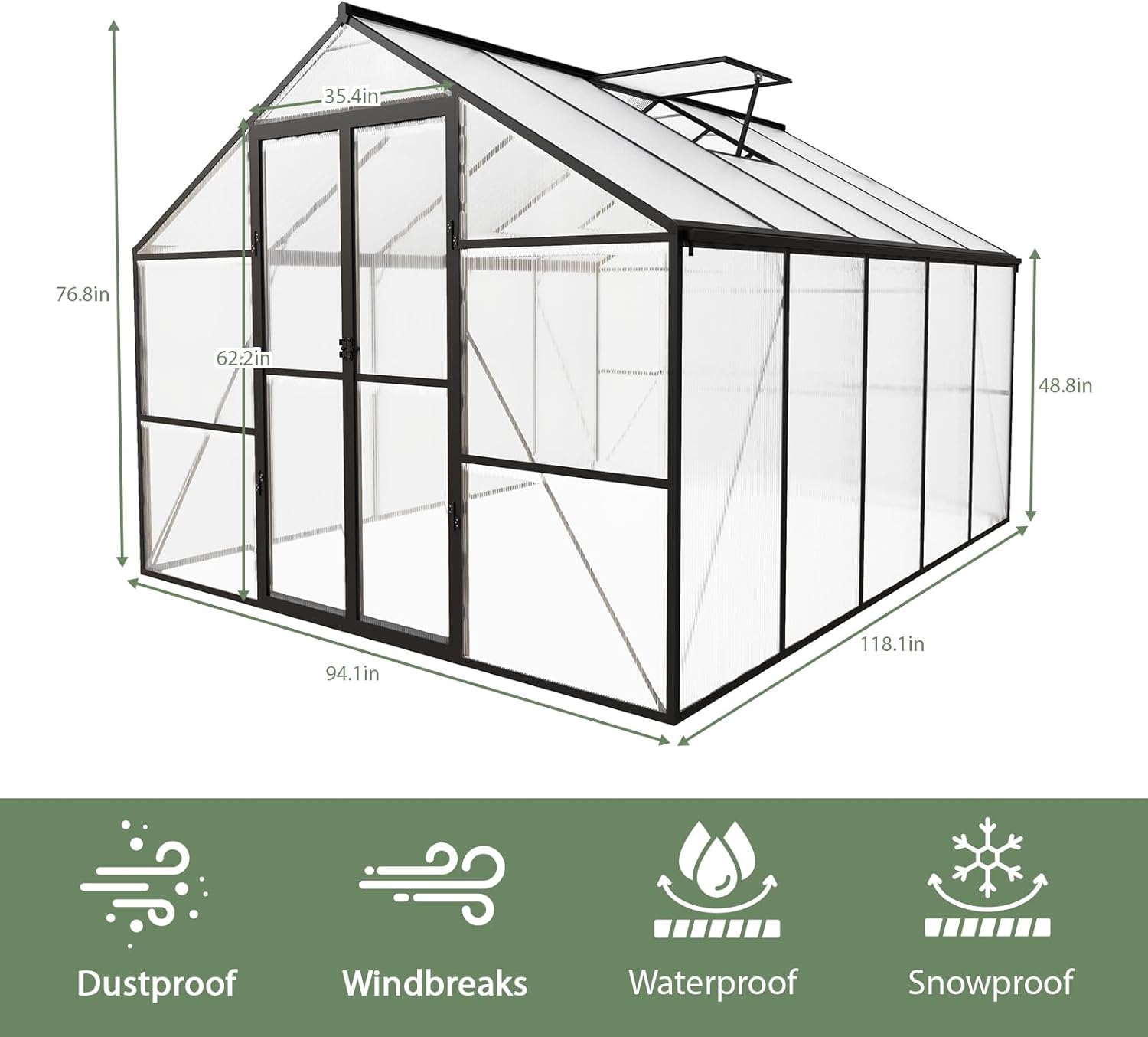 8 x 10 FT Outdoor Greenhouse, Heavy-Duty Polycarbonate Greenhouse with Aluminum Frame, Lockable Door, Adjustable Roof Vent, Walk-in Green House for Backyard, Garden, Patio
