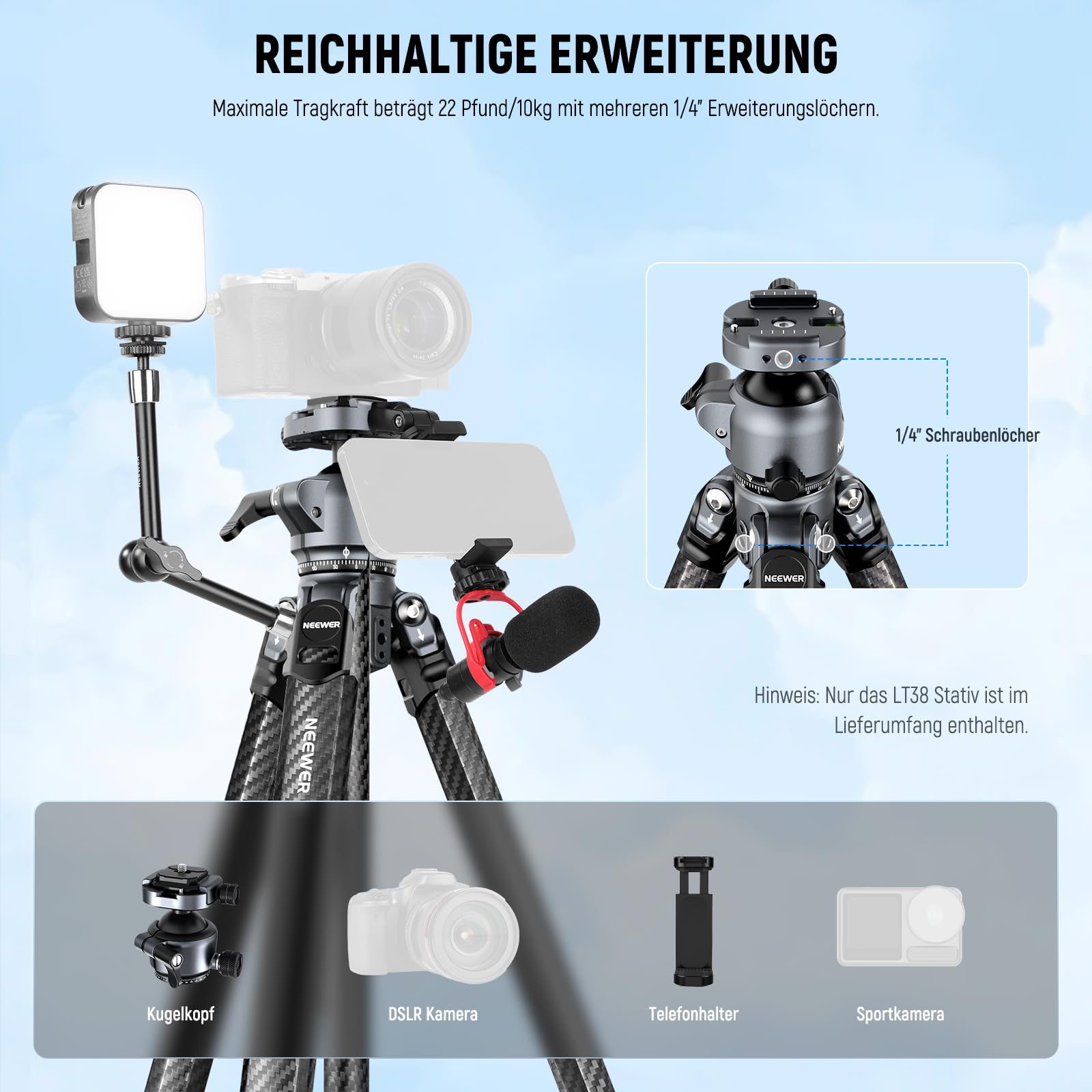 Neewer LITETRIP LT38 Kamera Reisestativ aus Kohlefaser 360° Schwenk/Neige niedrige Profil Kugelkopf flexible Mittelachse Arca QR Platte kompatibel mit Peak Design Stativ Clip V3 max Last – Bild 7