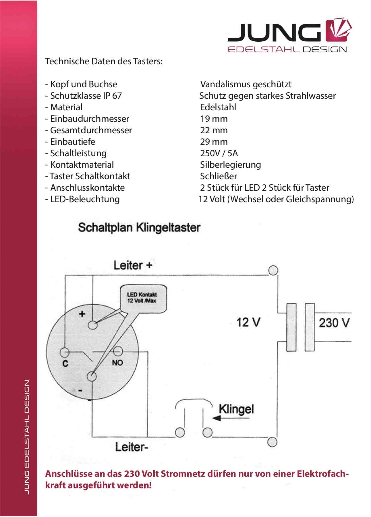 Jung Edelstahl Design Türklingel London 002 Klingelschild mit Gravur oben LED Klingeltaster (Weiß) mit Schraubkontakten. Unterputz Klingelplatte in verschiedenen Größen