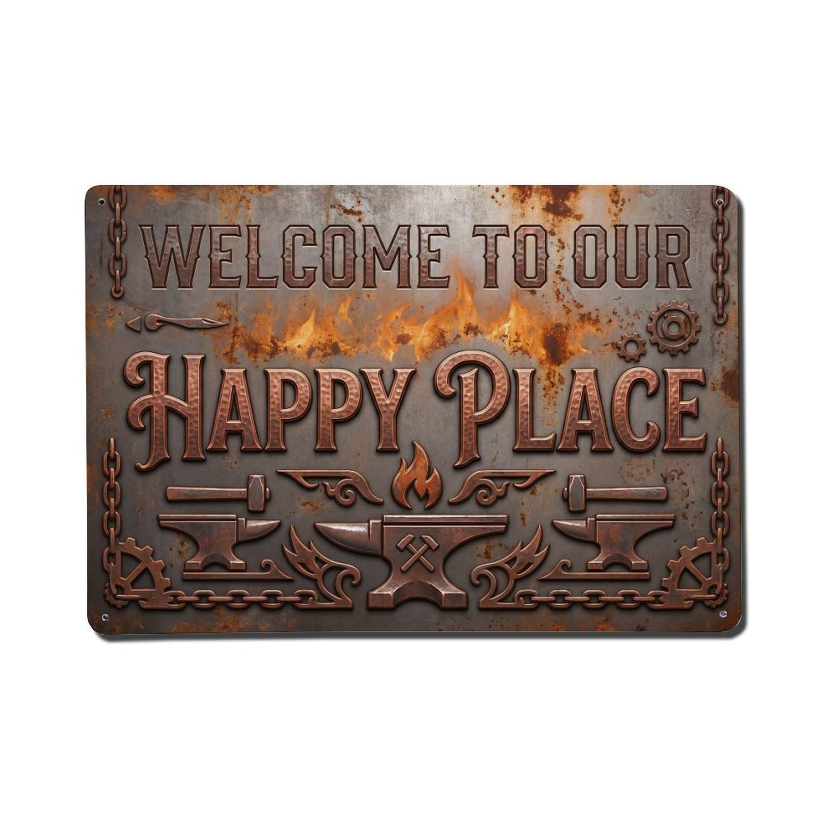 Welcome To Our Happy Place Vintage Blacksmith Forge Metal Tin Sign