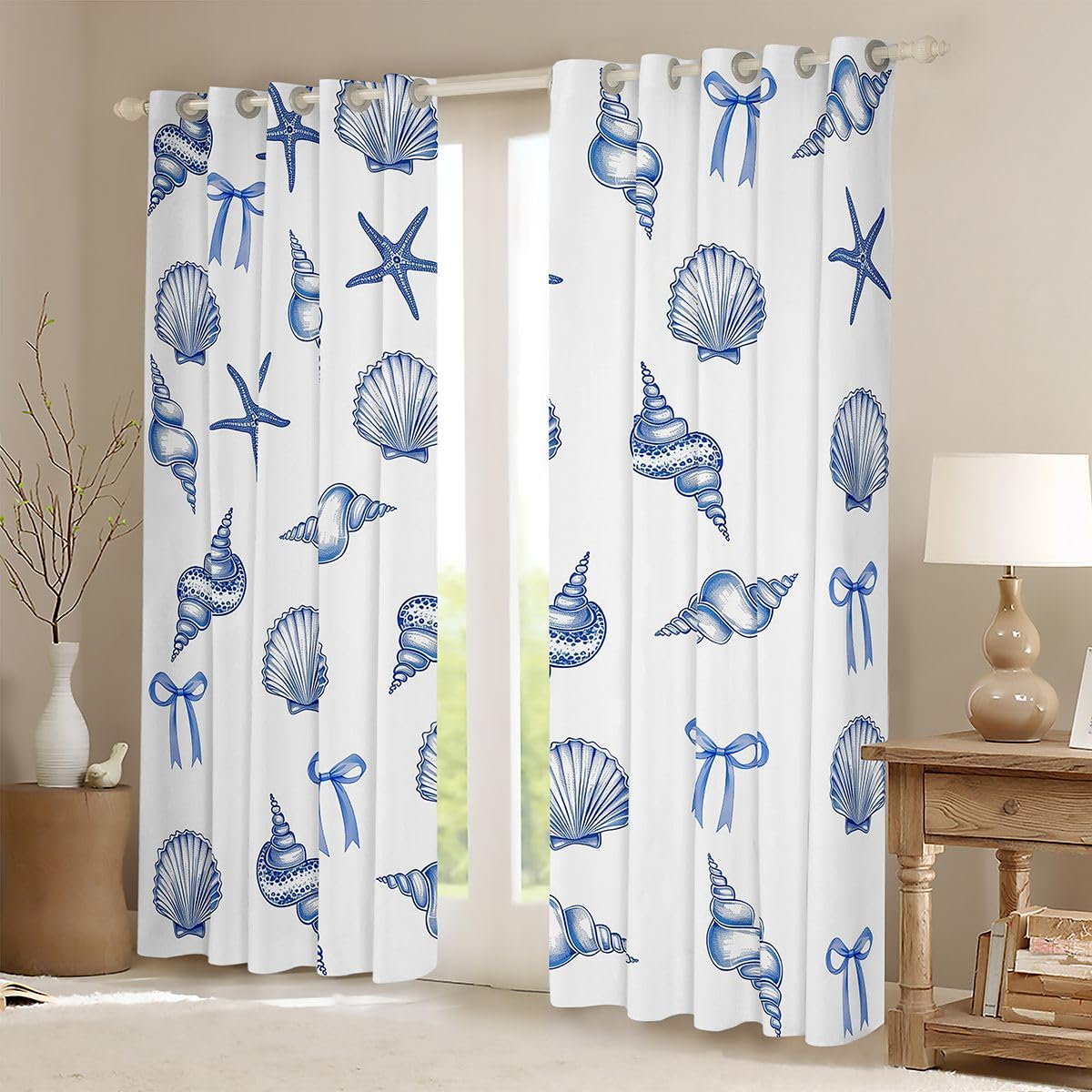 Homemissing Tende oscuranti Kawaii con fiocco blu per camera da letto e soggiorno, tonalità oceaniche, vita marina, mare, tenda oscurante per finestre, 2 pannelli 132 x 160 cm (larghezza x lunghezza)