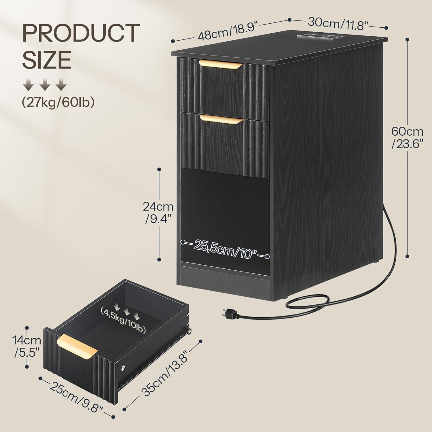 HOOBRO Narrow End Table, Fluted Nightstand with 2 Drawers and Open Shelf, Built-in Charging Station, Modern Bedside Table for Small Spaces, Bedroom, Living Room, Black and Gold BK248UBZ01