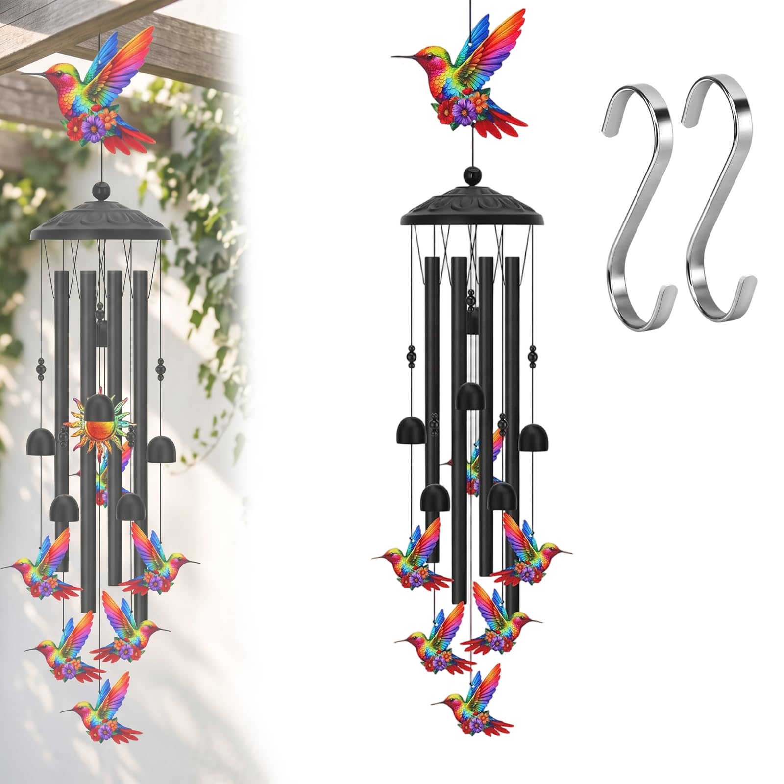 35 In Vintage Colorful Hummingbird Wind Chime With Metal Tubes And Bells, Colorful Enamel Metal Wind Chime, Windchimes Outdoors For Hummingbird Lovers Pet Sympathy Birthday (1PC)