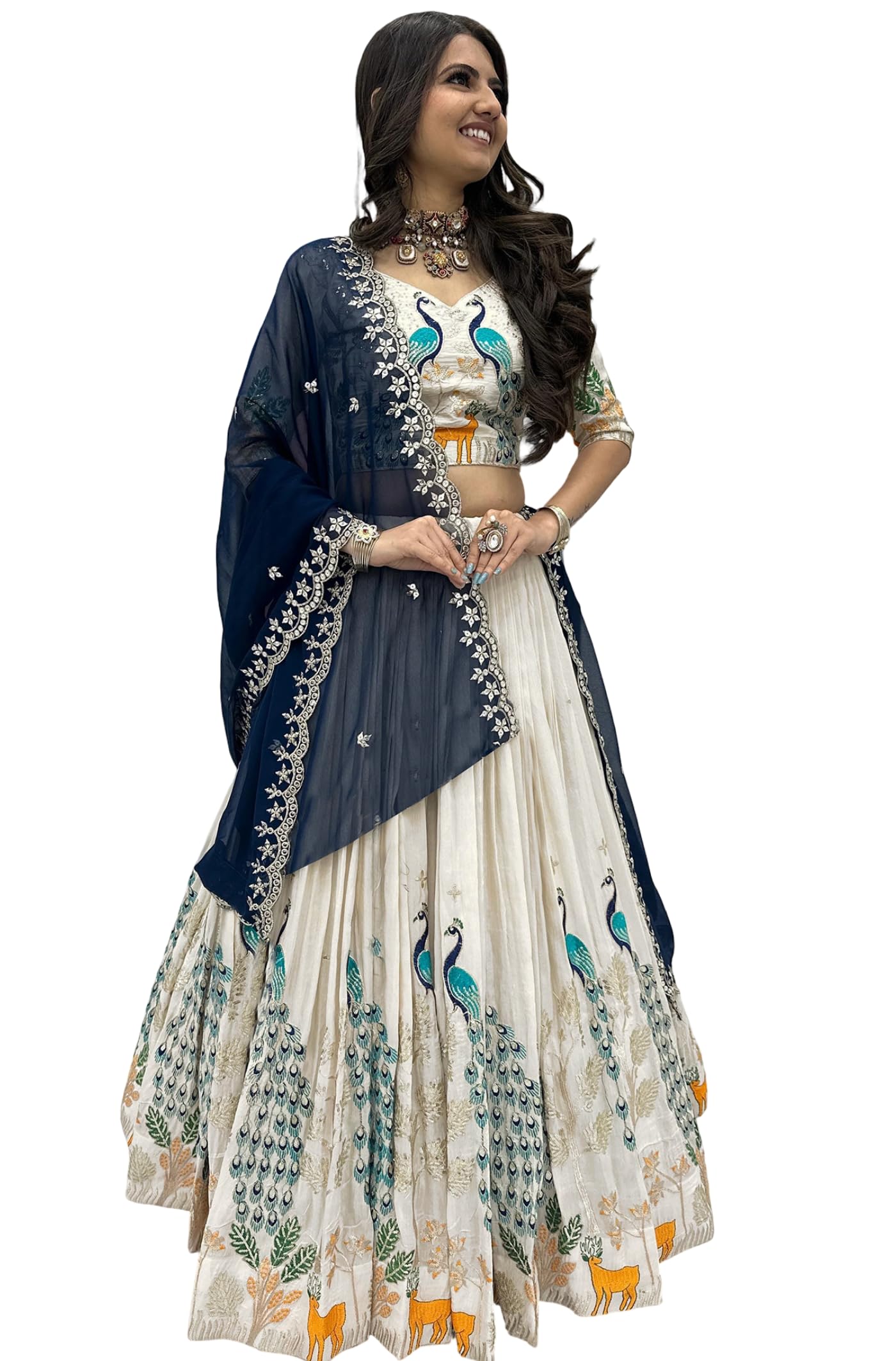 Women Chinon Semi Stitched Lehenga Choli Dupatta Set with Peacock and Deer Print Flared Skirt and Embroidered Dupatta-image-10