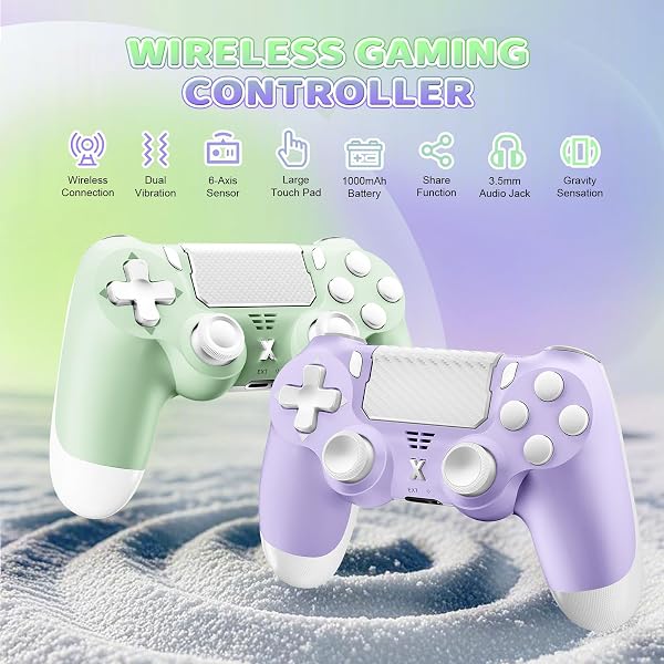 Wireless Controller for PS-4, Game Controller for PS-4/Slim/Pro/PC, Bluetooth Gamepad Joystick with Vibration Touch Panel, Upgraded Six-Axis Sensor, 3.5mm Audio Jack (Light Purple+Light Green) - 2