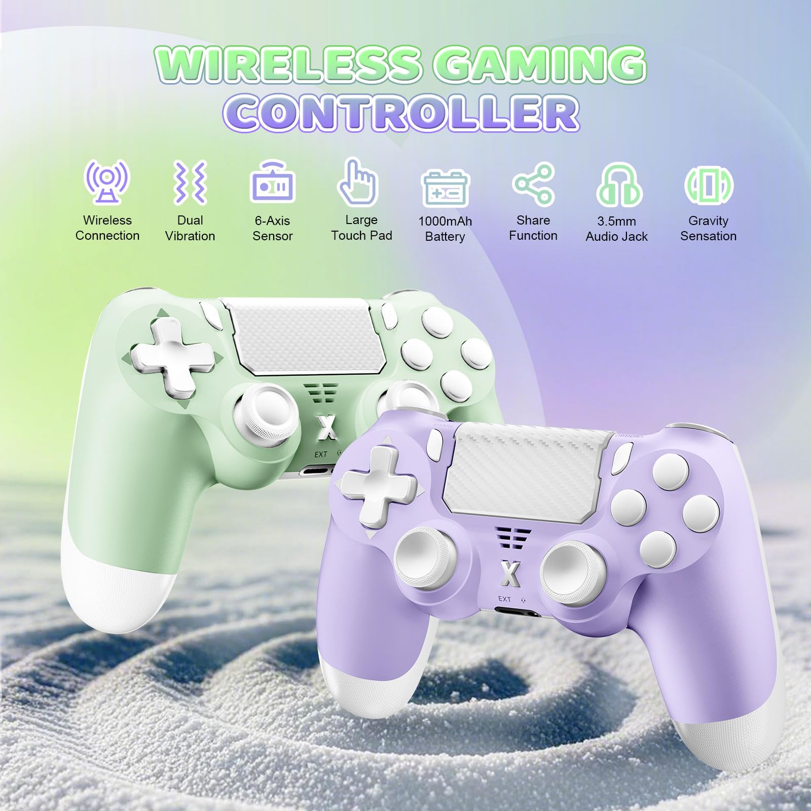 Wireless Controller for PS-4, Game Controller for PS-4/Slim/Pro/PC, Bluetooth Gamepad Joystick with Vibration Touch Panel, Upgraded Six-Axis Sensor, 3.5mm Audio Jack (Light Purple+Light Green) - 2