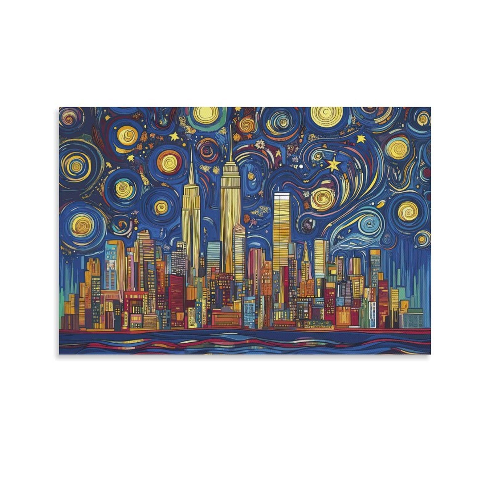 CPLVKWRQJ StarryNightCityscape Single NYC Skyline Starry Night Canvas Wall Art - Fade Resistant Ready to Hang Living Room Focal Point Wall Decor 24x36inch(60x90cm)
