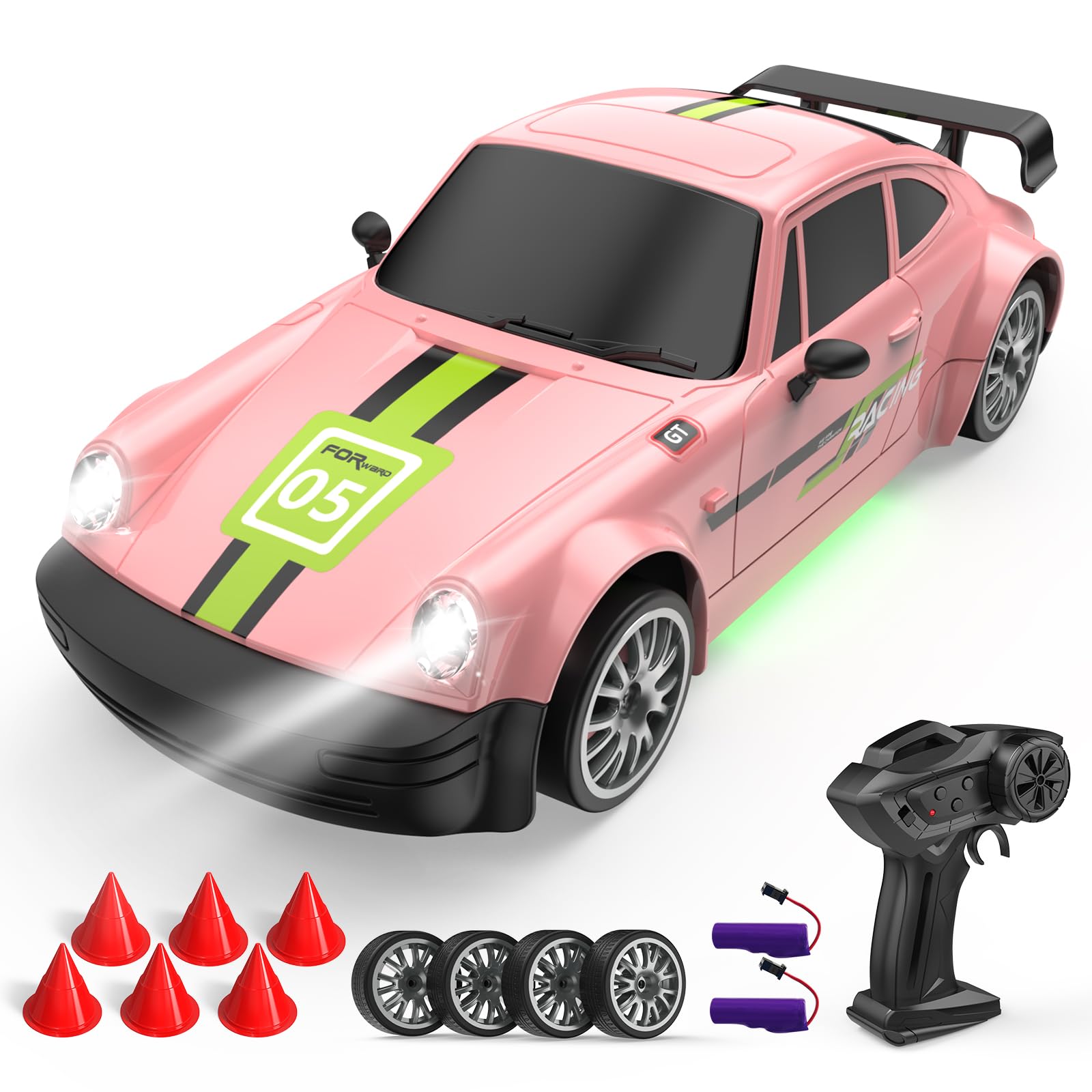 Coche RC Drift 1:20 2.4 GHz 4WD Coche teledirigido 20 KM/H Coche de Carreras teledirigido con Luces de Trabajo, 2 Pilas Recargables, Regalo para Adultos y niños (Rosa)