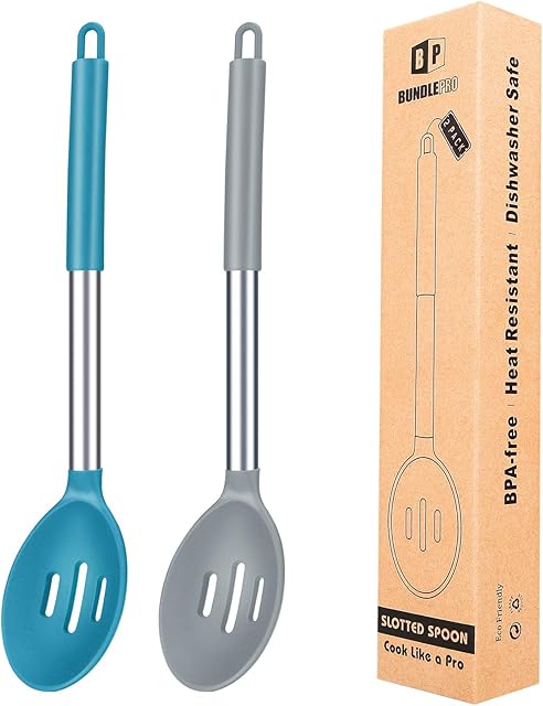Pack of 2 Large Silicone Slotted Spoon,Kitchen Skimmer with High Heat Resistant, BPA Free Non Stick Cooking Ladle Strainer for Draining & Frying (Gray-Blue)