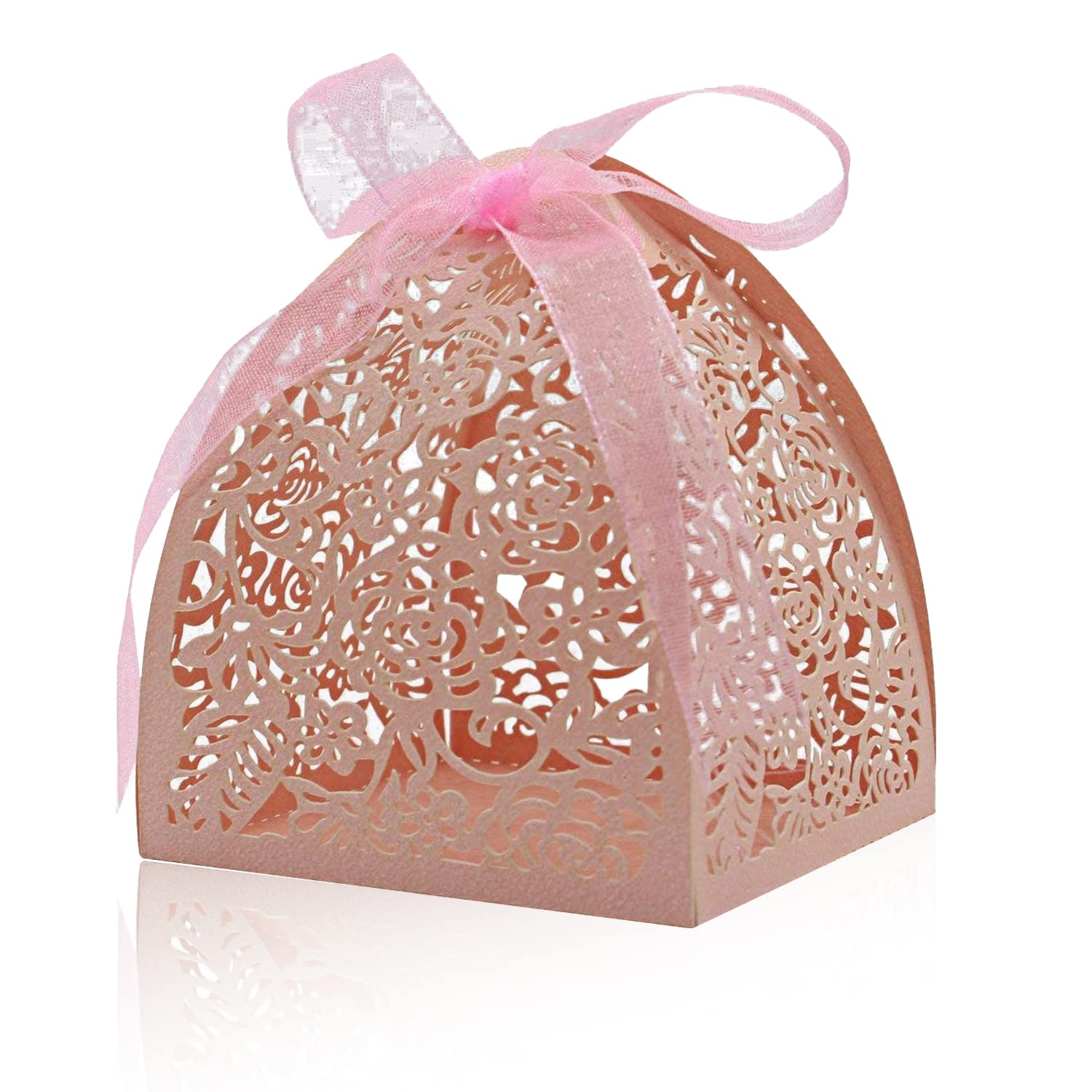 Laser Cut Rose Candy Boxes Wedding Anniversary Box for Party Favor Bridal Shower Decorative Boxes Beige Gift Wrap Boxes with Ribbons for Birthday Party Laser Cut Favor Boxes Pink 50PCS