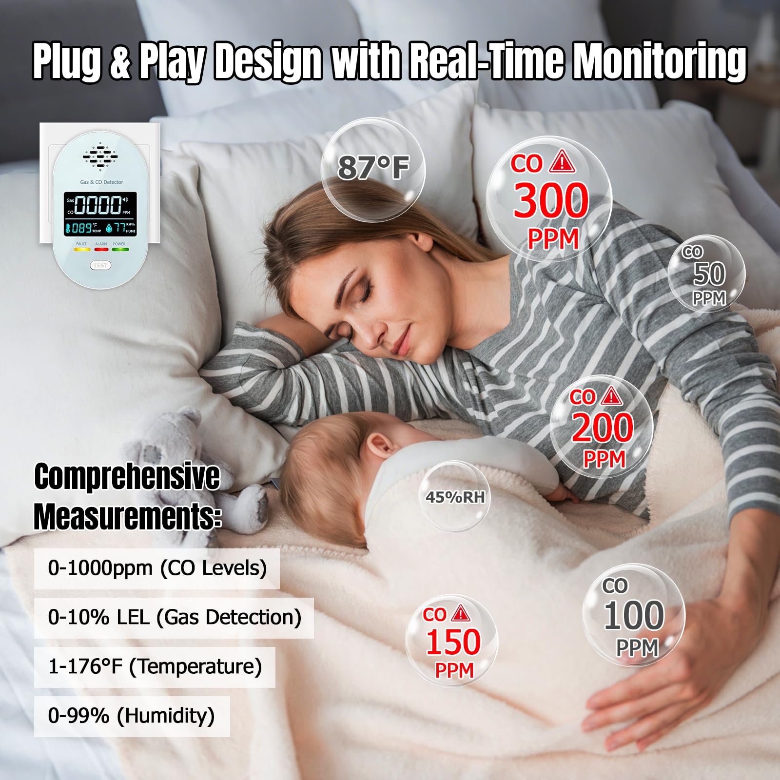 4 in 1 sensore di temperatura e umidità, termometro d'atmosfera con allarme acustico, LCD digitale igrometro Digitale per Interni, termometro igrometro per interni con schermo HD e display - Bianco