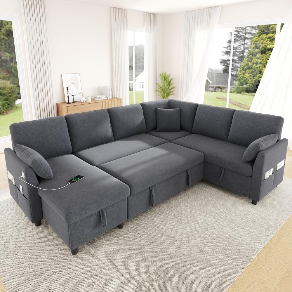 Sofá esquinero L/U con función de cama de 6 plazas, chaise longue y 2 plazas con almacenamiento, montaje reversible derecha/izquierda, USB y Type-C, bolsillo lateral, 3 cojines, lino, gris