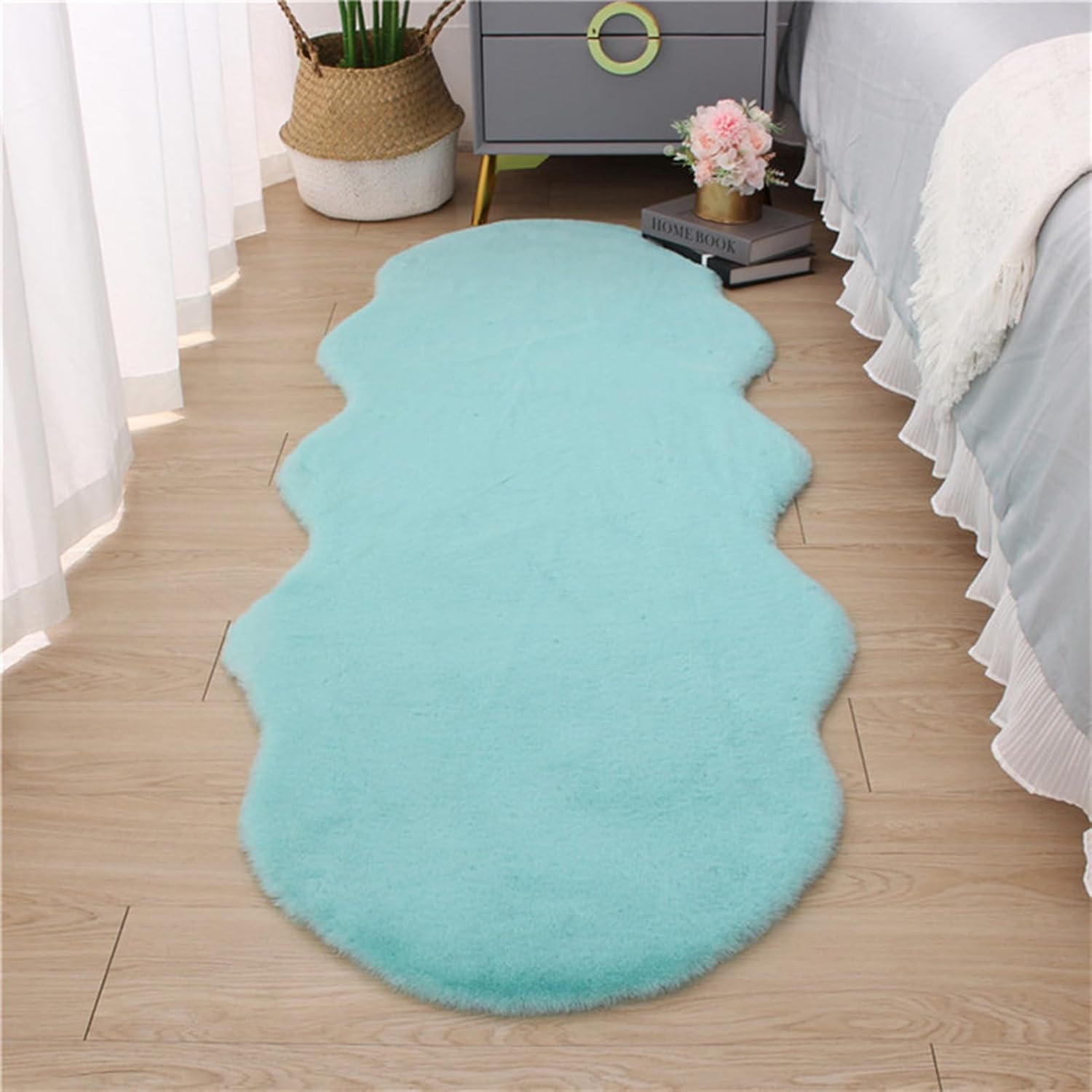 GOUTO Faux Rabbit Fur Area Rug 2'x6.5', Fluffy Turquoise Rug for Bedroom Sofa Floor, Washable Rug Living Room Carpet