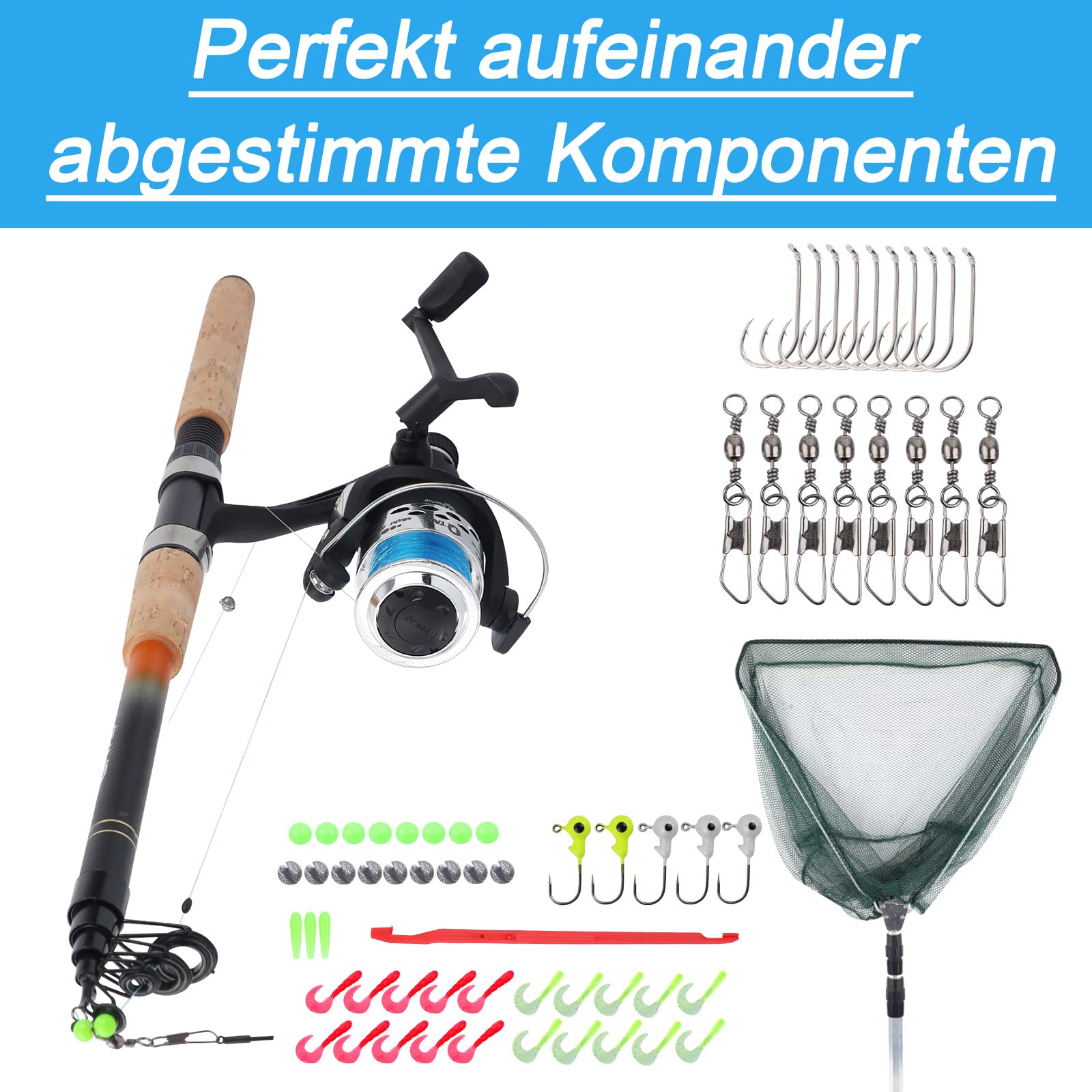 Angelset Forelle/Barsch mit Kescher [Angelfertig montiert & Angelrolle bespult] Länge Teleskoprute 2.10m, Angel Set komplett Profi & Einsteiger, Starter-Set für Forellen Angeln