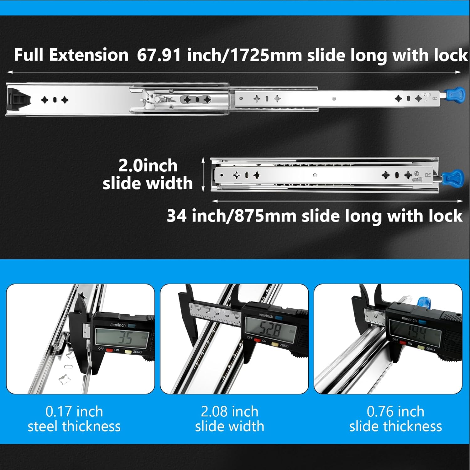 heavy duty locking drawer slides 34 inch, full extension drawer slides with lock, 250 lb load capacity,side mount ball bearing industrial locking rail silver 34" 34inch-875mm