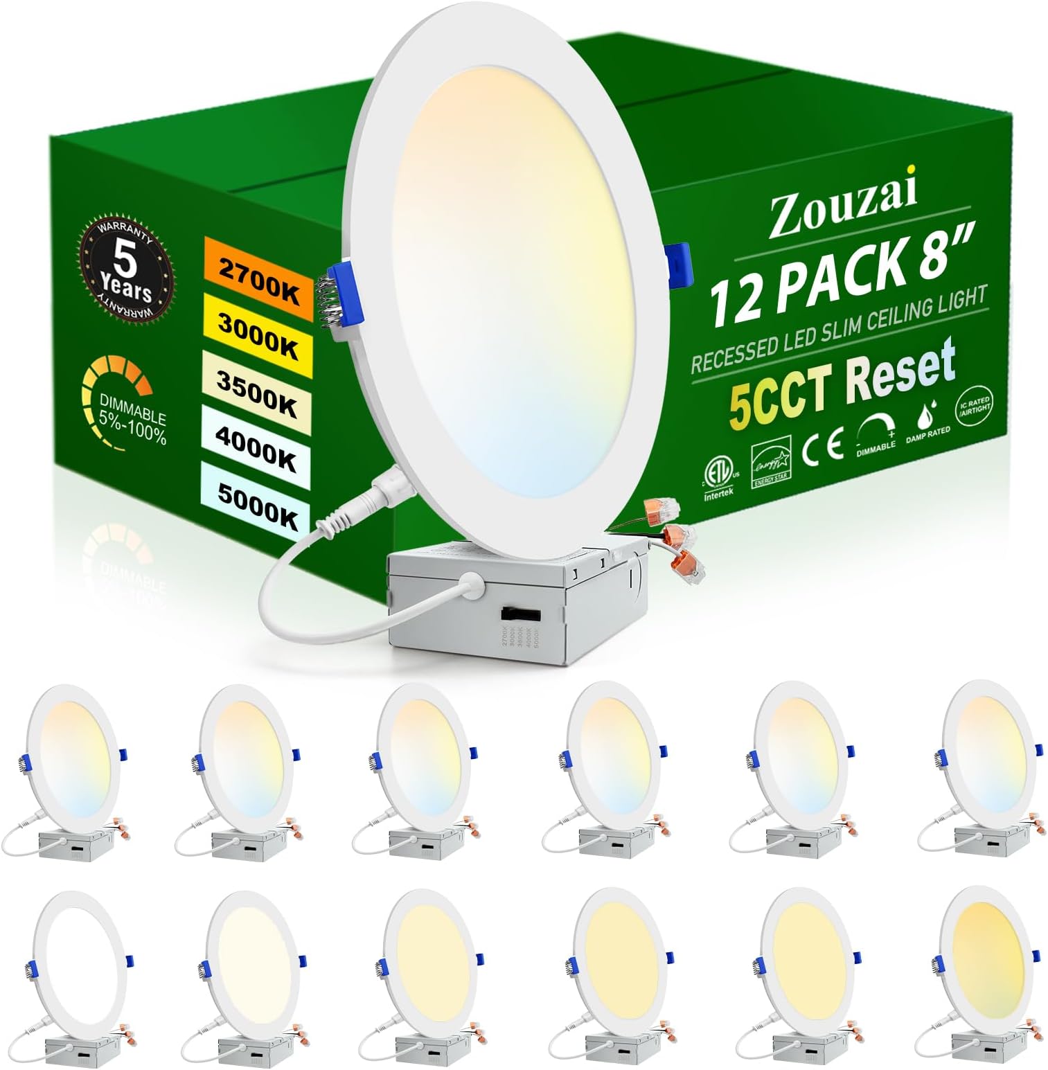 zouzai 5CCT LED Gimbal Recessed Light with Junction Box, 360°+90° Adjustable Directional Eyeball Lighting, Dimmable, 2700K/3000K/3500K/4000K/5000K,ETL&Energy Star