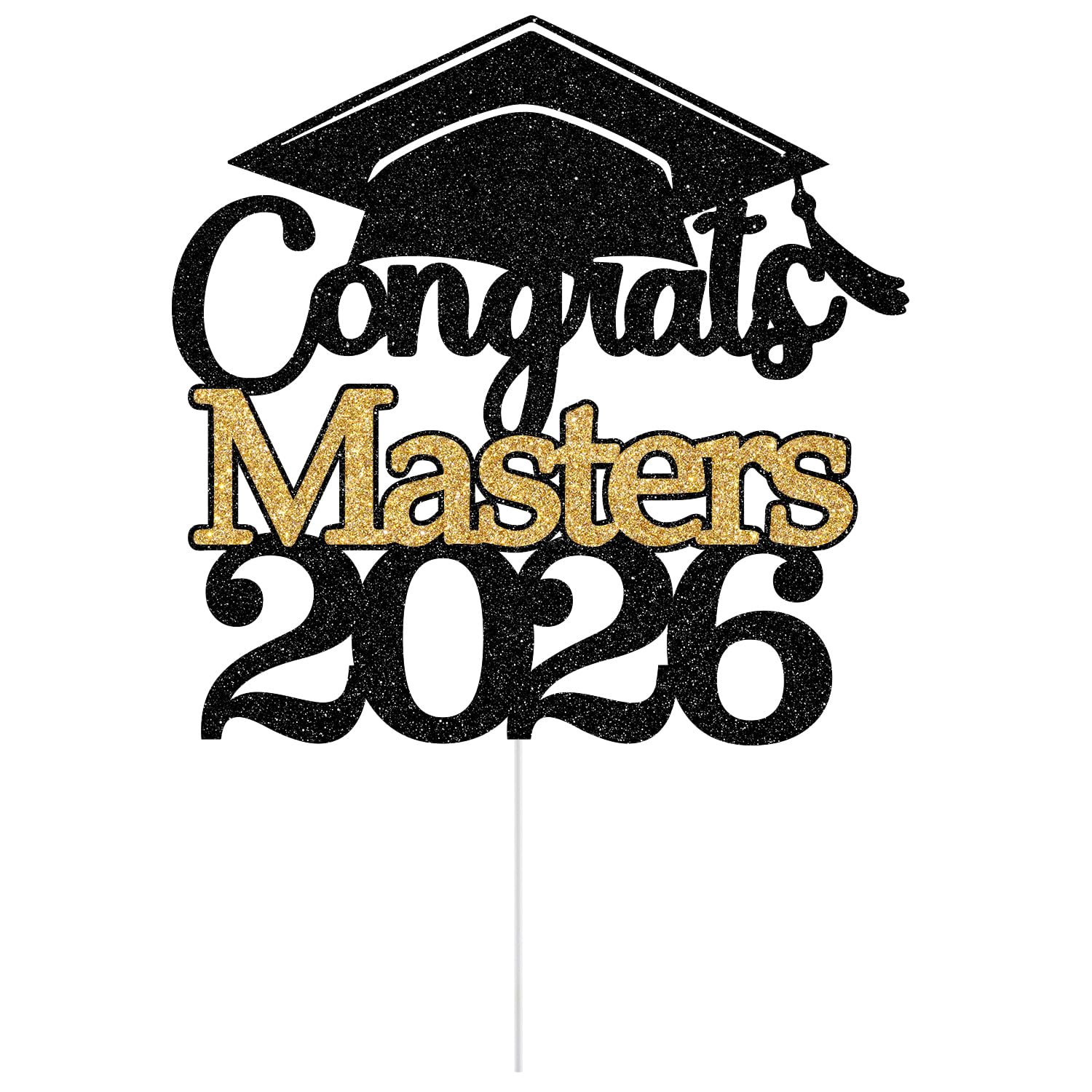 Congrats Masters 2026 Cake Topper, Congrats Masters Graduate, Class of 2026 Graduation Party Decoration Supplies Gold Black Glitter