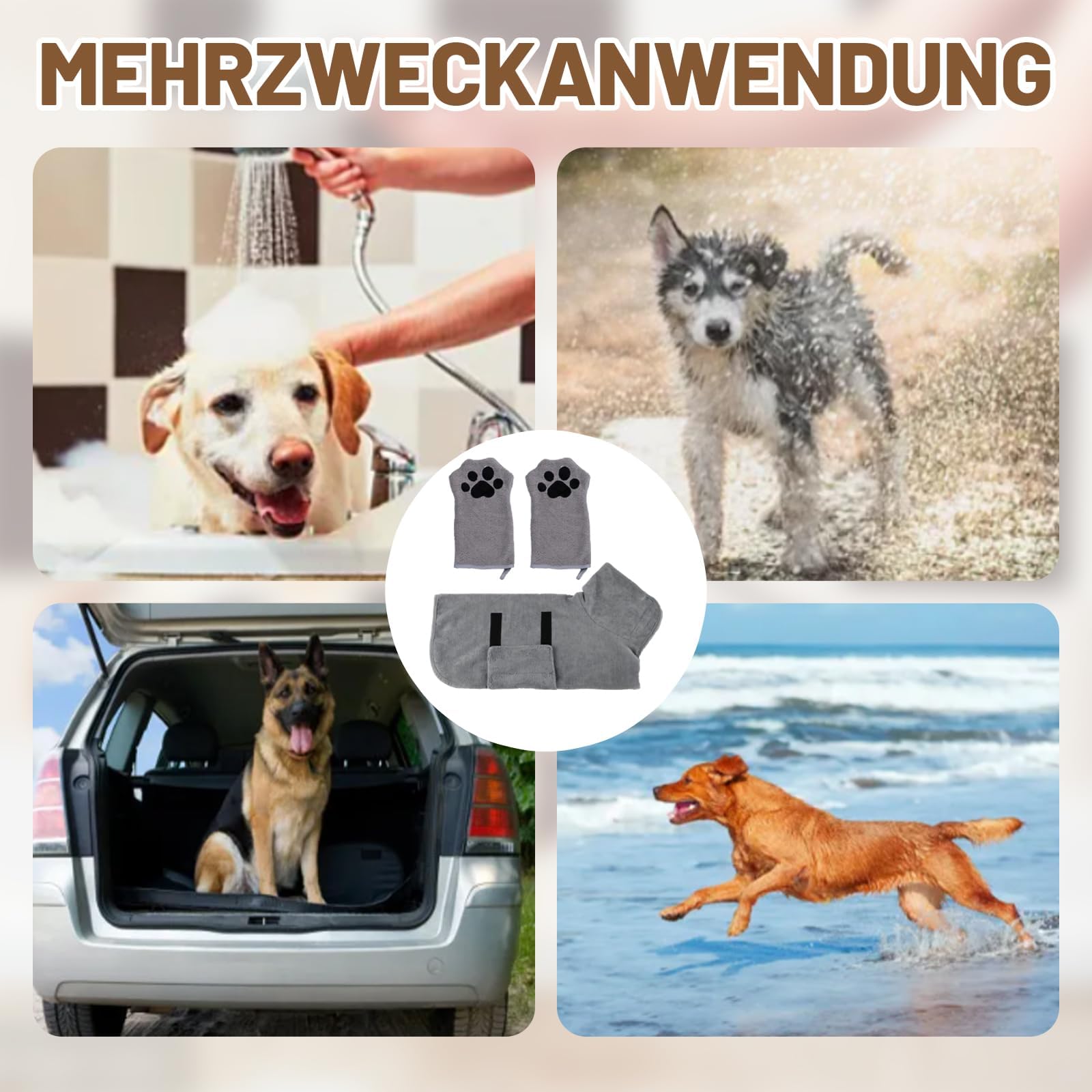 3-teiliges Bademantel Hund für Mittelgroße Hunde, Zweischichtig Verdickte Trockentücher für Hunde, Verstellbare Klettverschluss-Schrumpfriemen für Mittelgroße, Schnelltrocknendes Hundemantel für Bad