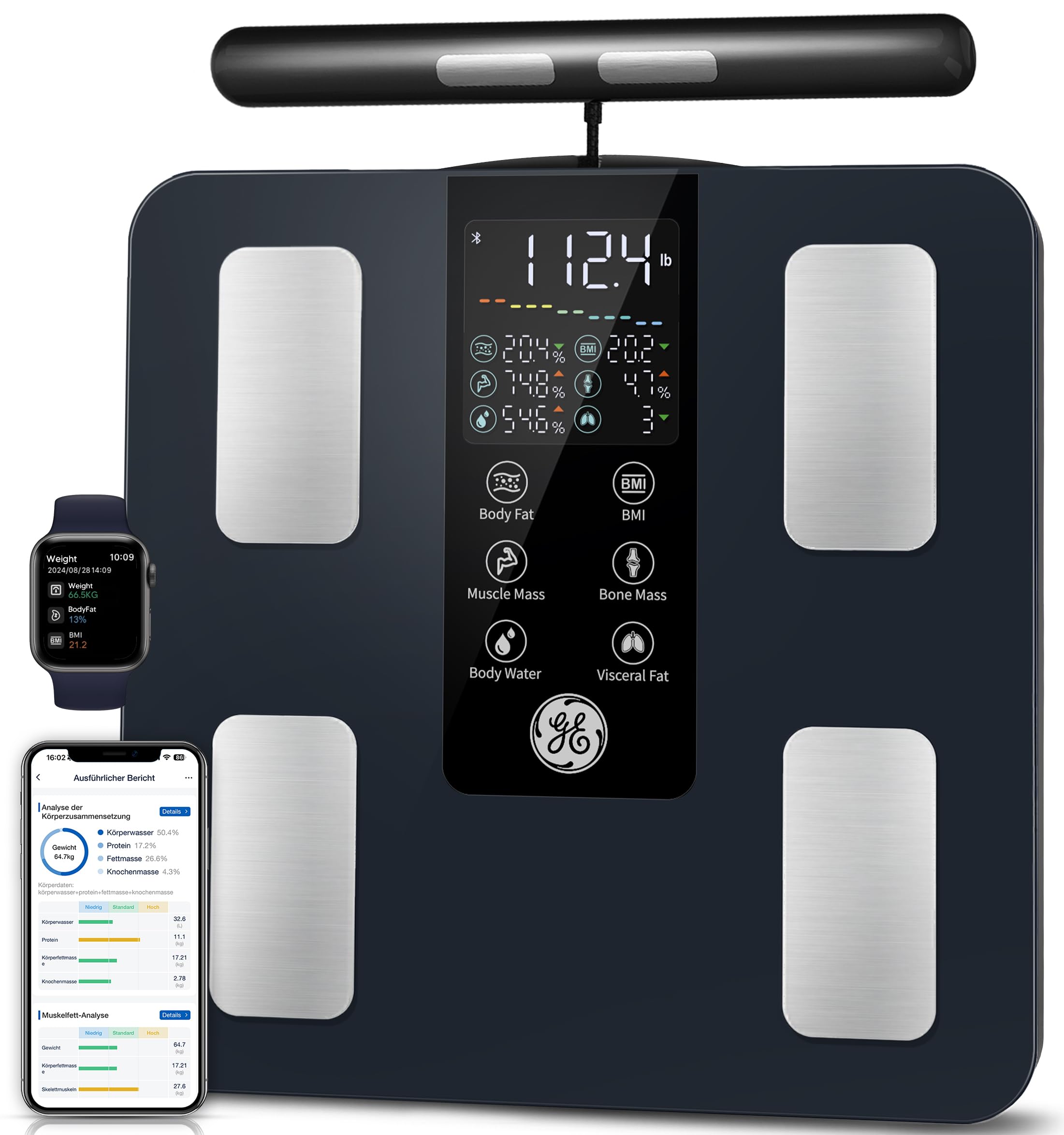 GE Smart Scale for Body Weight: 8-Electrode Digital Bathroom Scale for Weight Fat BMI Muscle Mass Full Body Composition Analyzer 27 Measurements Bluetooth Highly Accurate Weighing Machine 400lb Black