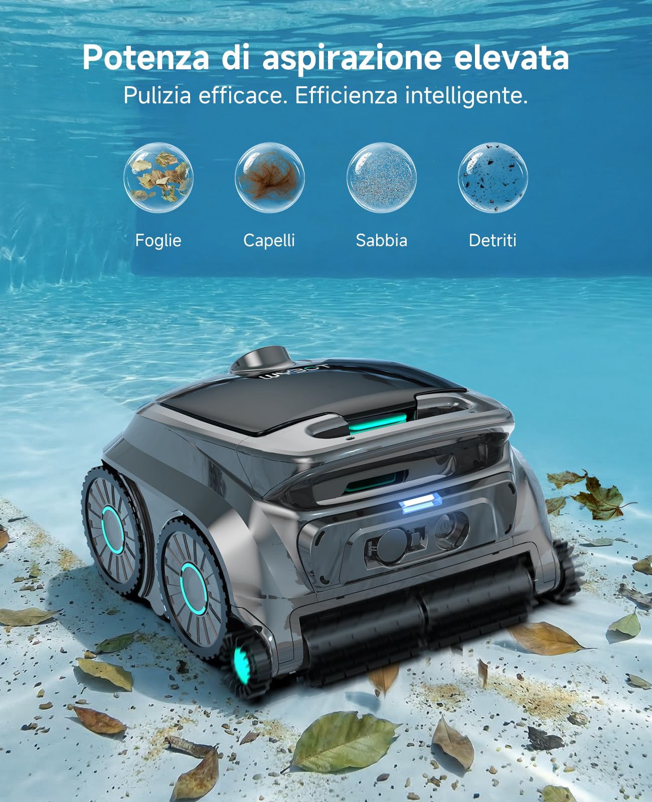 WYBOT OS600 Robot Piscina, Senza Fili, Pulizia Fondo E Pareti, Autonomia 120 Min, Navigazione Intelligente, Parcheggio Automatico, per Piscine Interrate E Fuori Terra, Verde Grigiastro