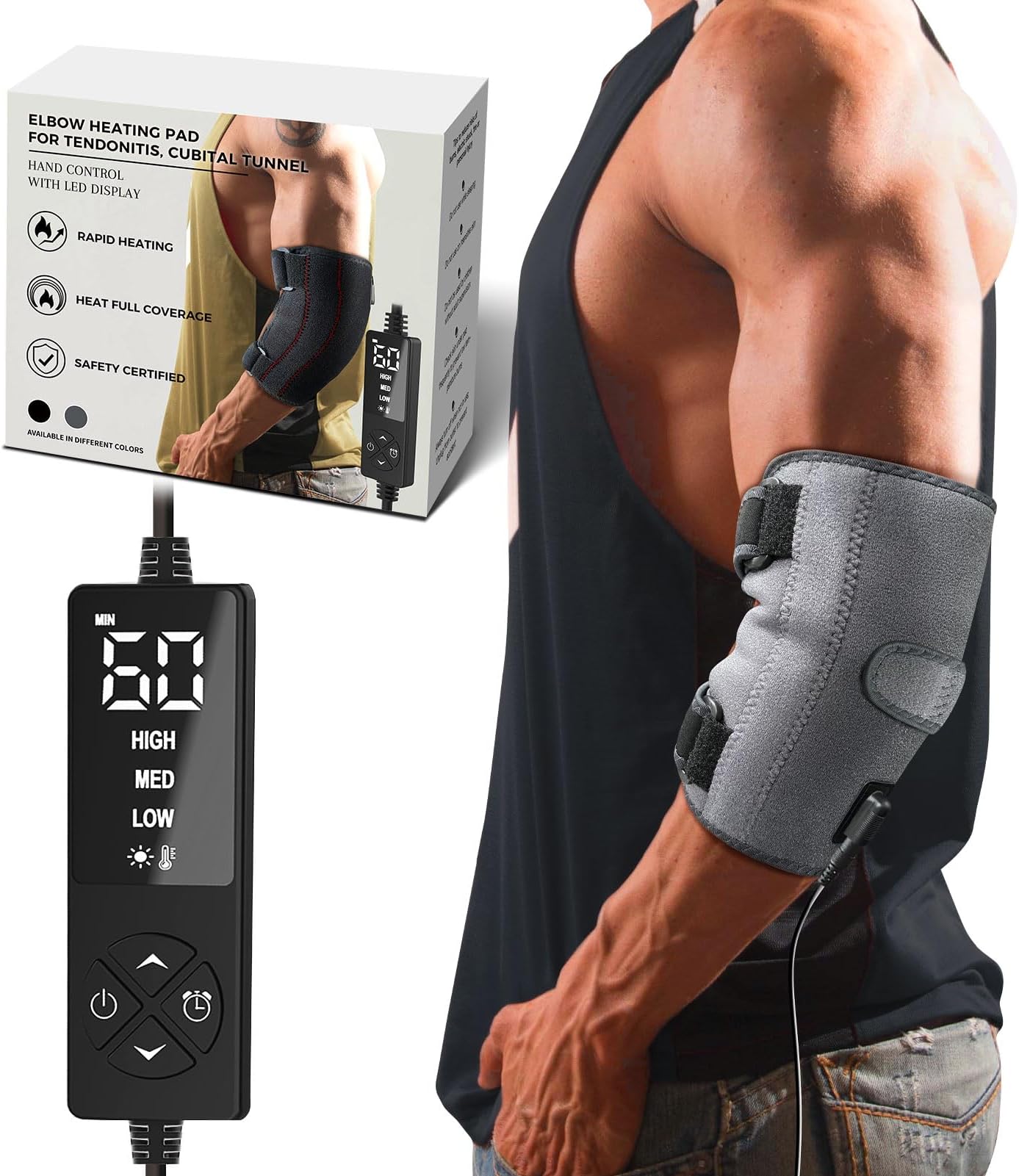 Elbow Heating Pad for Cubital Tunnel and Tennis Elbow Relief, Heated Elbow Brace Arm Heating Pad Sleeve for Ulnar Nerve with Auto Off and Moist Heat Option