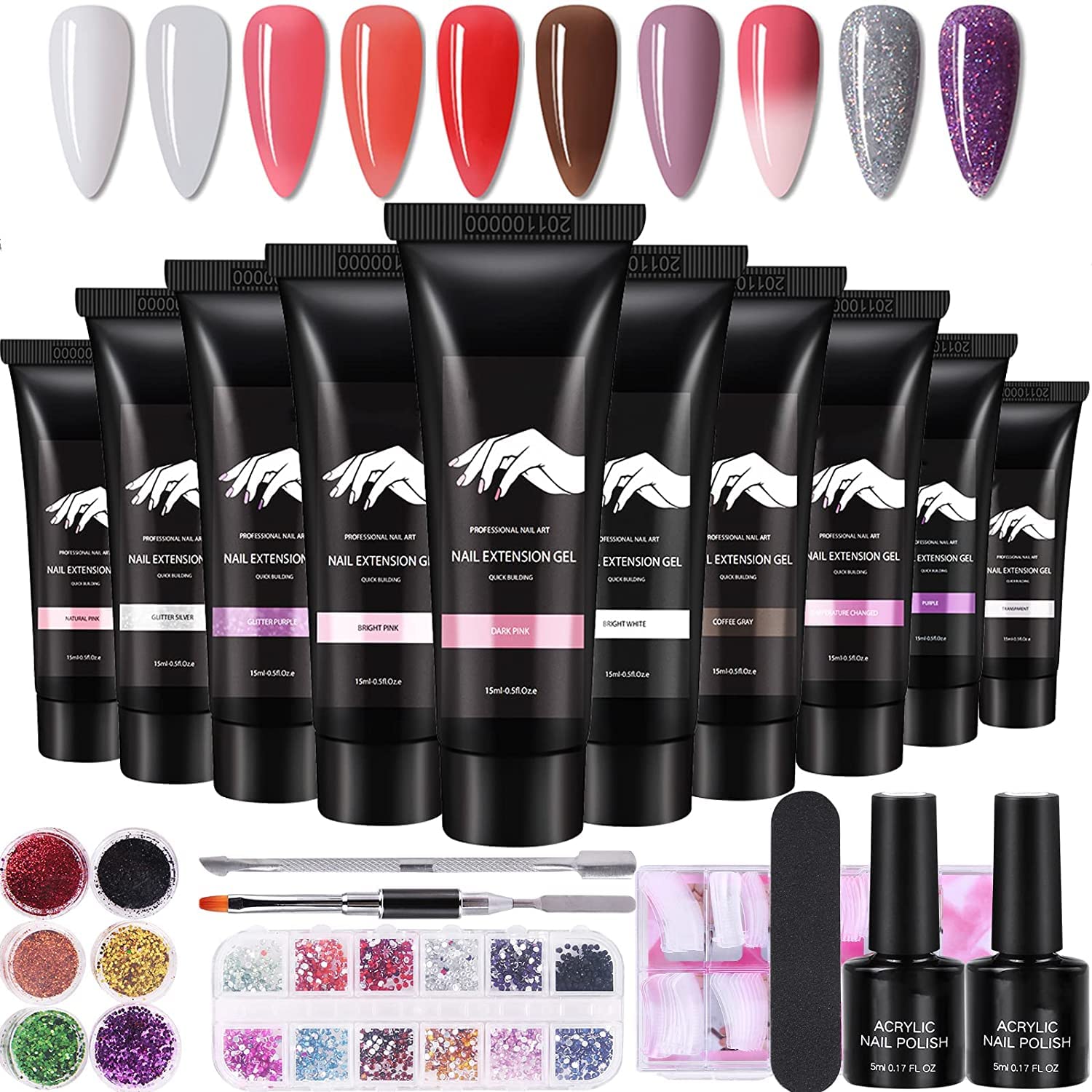10 Farben Polygel Set, Gel Nägel Set Anfänger mit Base Top Coat, 6 ...