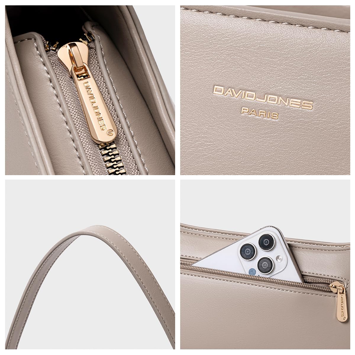 David Jones - Sac Porté Epaule Femme - Sac à Main Porté Sous Epaule Bras - Bandoulière Similicuir PU Rigide - Sac de Ville Mode Tendance Elegant pour Téléphone Portefeuille - Marron Taupe