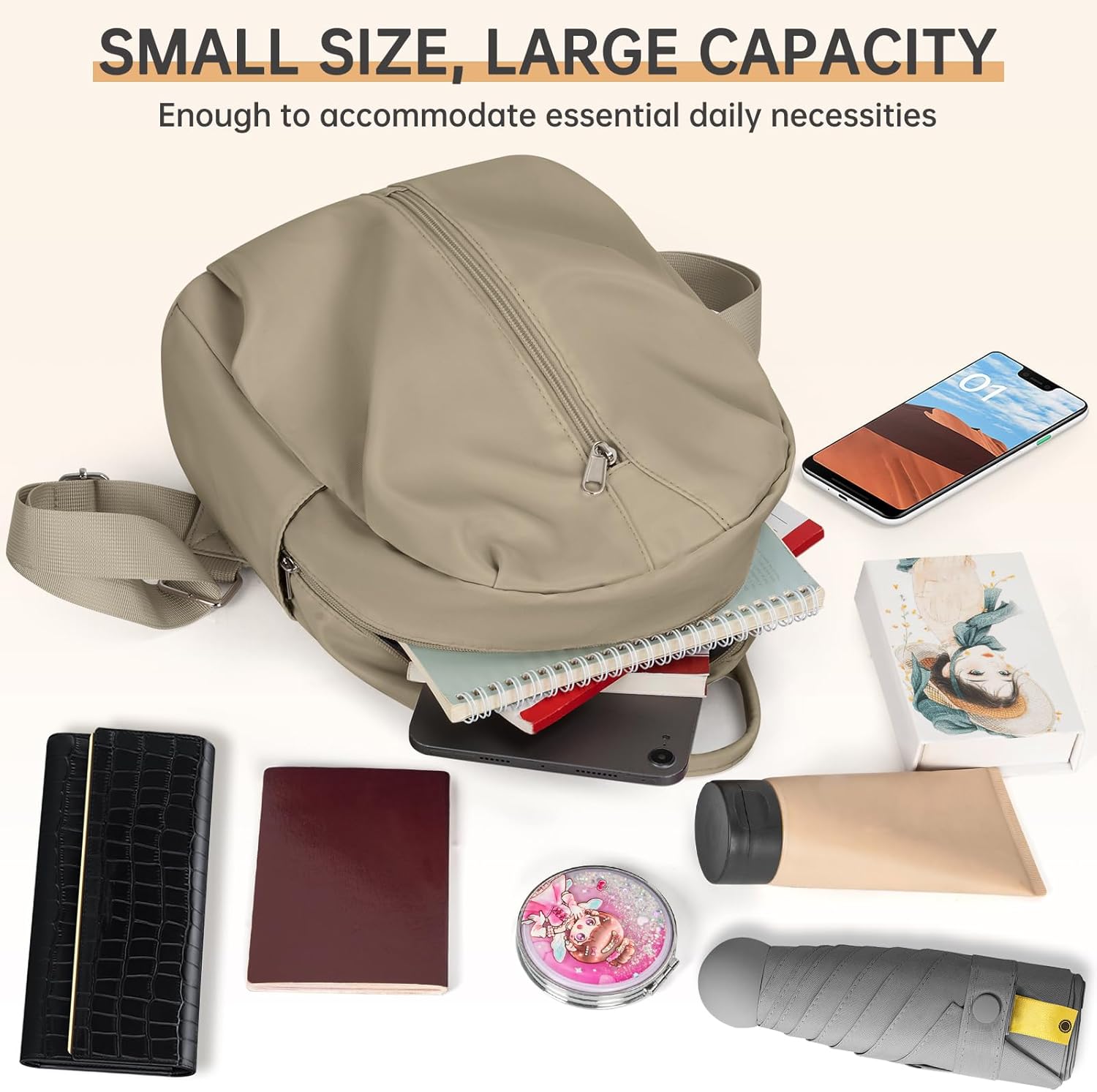 Mini Backpack for Women, Cute Light Weight Backpack, Ladies Purse Backpacks, Casual Daypack for Daily Travel, Khaki - Image 4