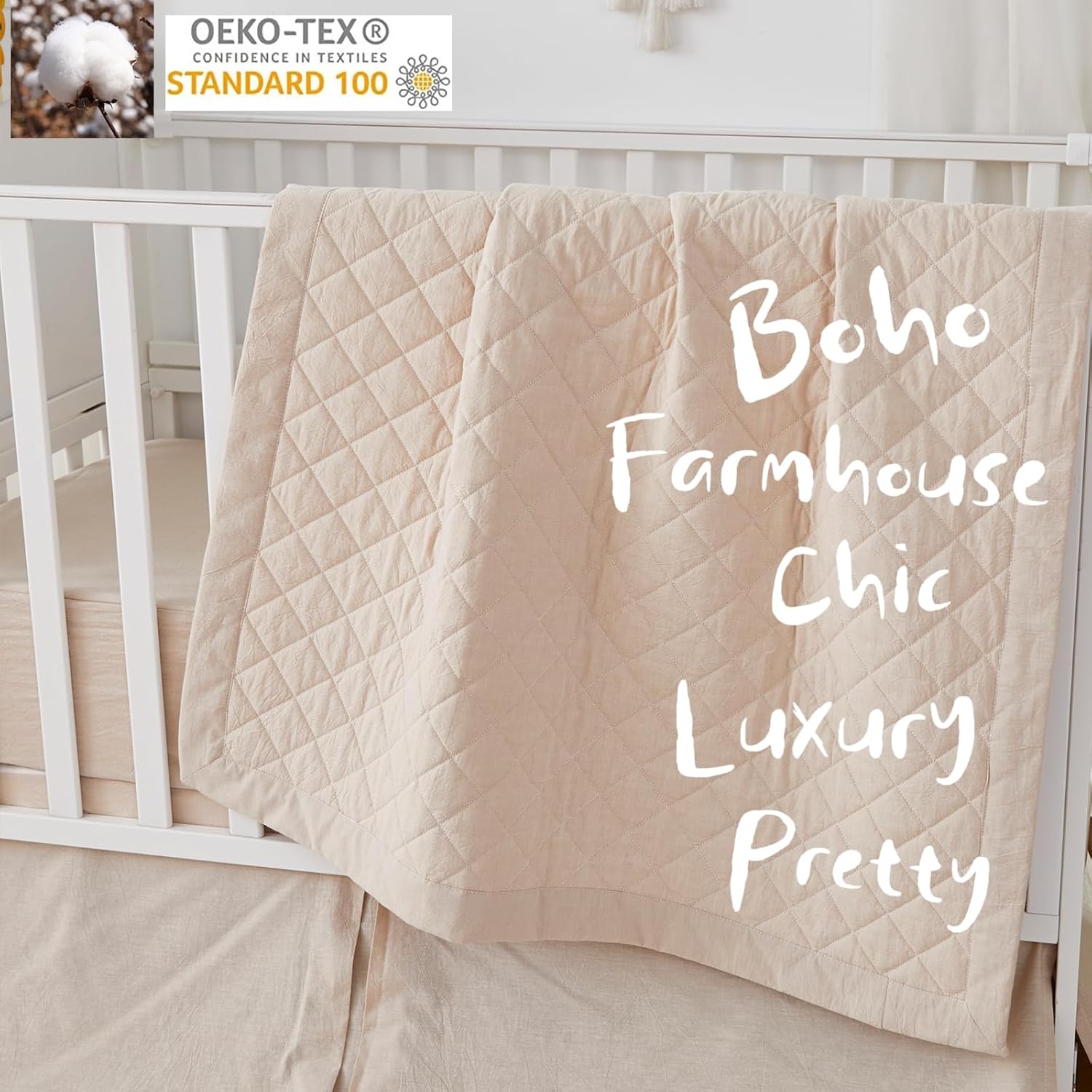 Brandream 3 Pieces Crib Bedding Set for Girls or Boys Quilt,Crib Sheet,Dust Ruffle Skirt, 100% Washed Cotton Like Linen Supersoft Farmhouse Chic Boho Beige Classic Quilted Plaid Design Beige 3-piece image 2 of 8 B0CR3BF8ZR