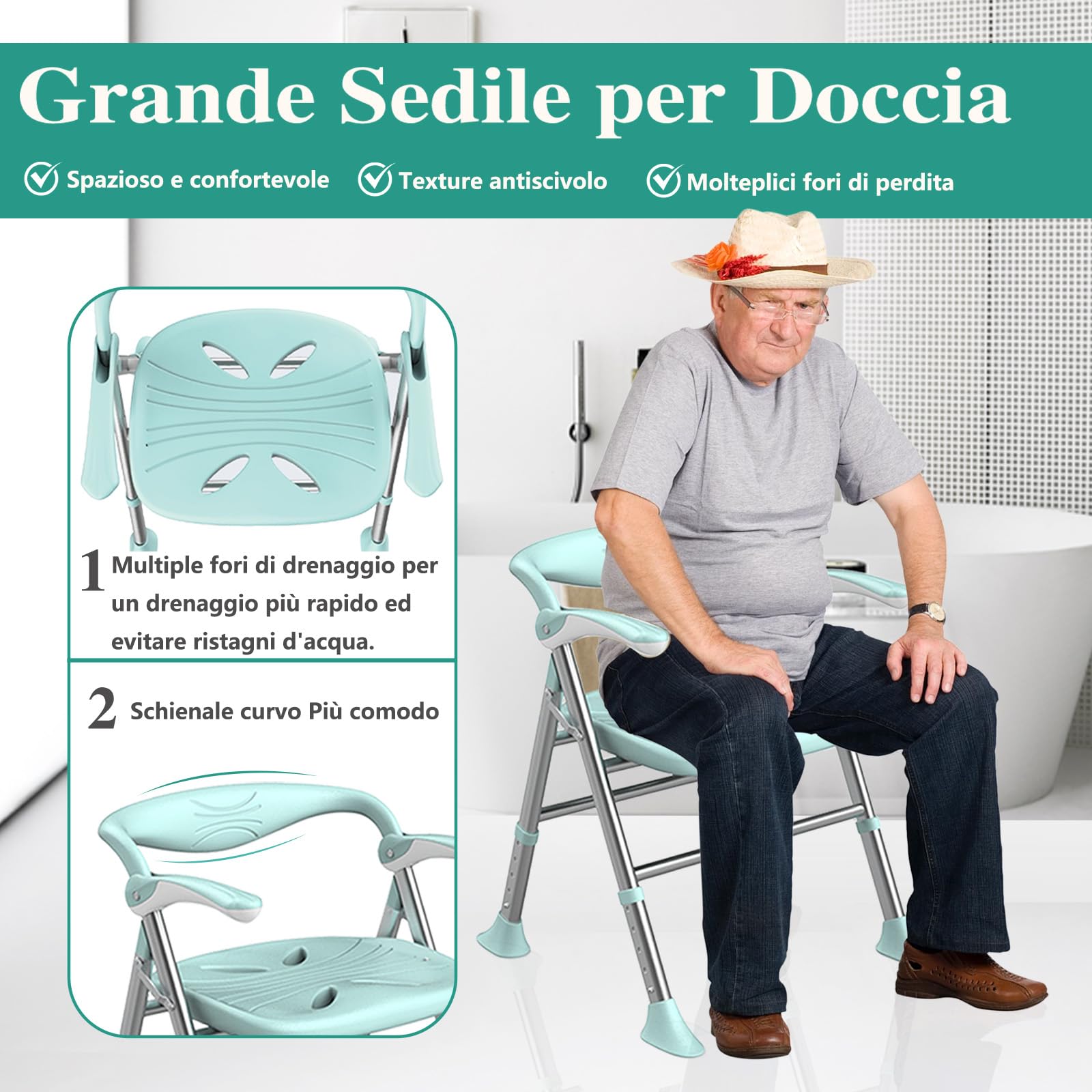 Sedia Per Doccia Anziani,Sgabello Doccia,Capacità Di Carico Massima 150kg, Braccioli Ripiegabili,Sedia Per Doccia Pieghevole Regolabile in Altezza A 5 Livelli (verde, Sedili piatti)