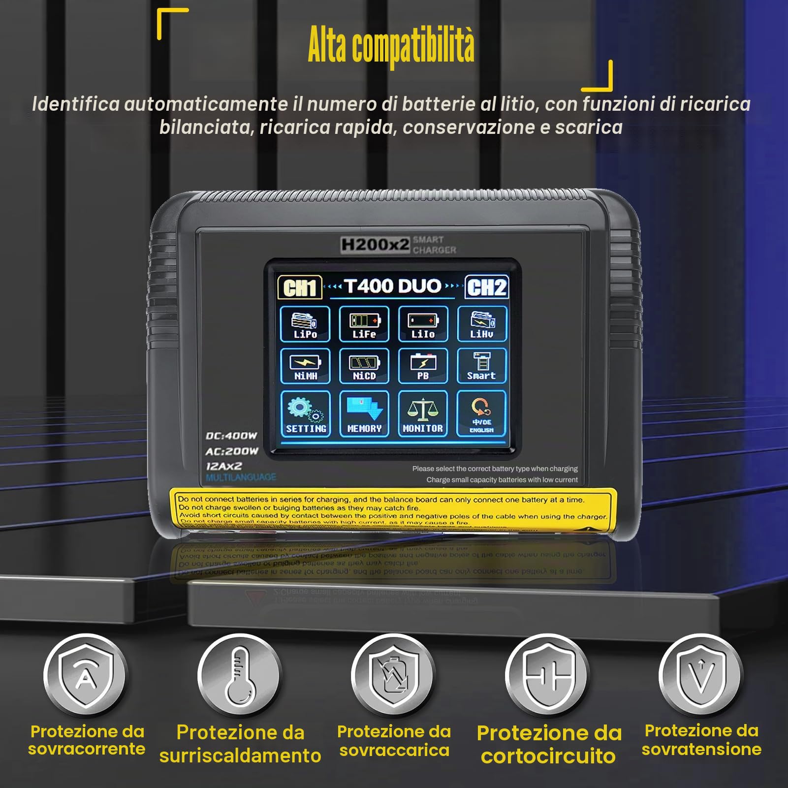 Caricabatterie lipo T400 AC200W/DC400W 12A,lipo caricatore bilanciato doppio scarico 3,2 pollici a colori touch screen scaricatore per LiPo/Lilon/LiFe/NiMH/NiCd/PB/NiMH