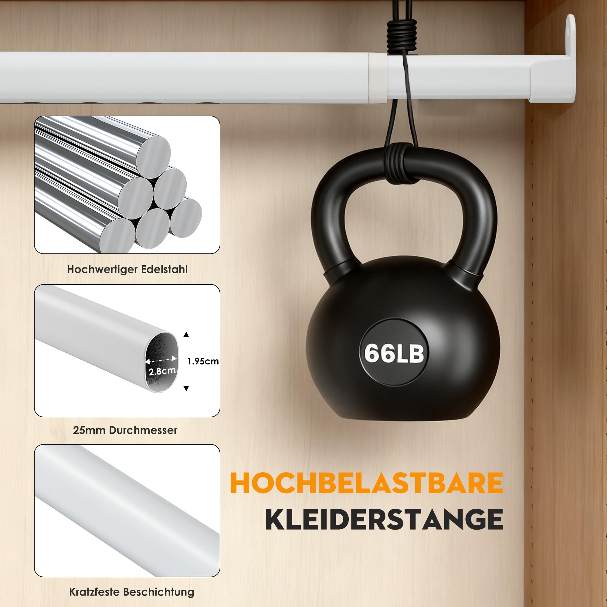 Asta appendiabiti per armadio, bianco, ovale, 25 mm, allungabile con 2 supporti, per armadio, finestra, 43-101 cm