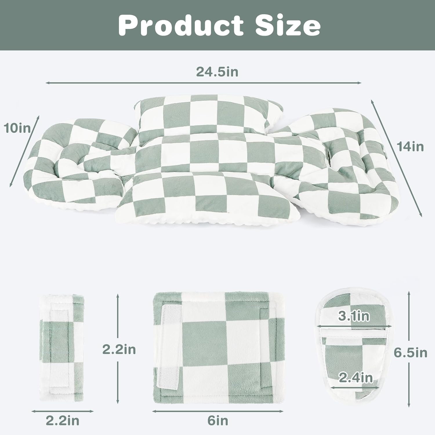 DILIMI Infant Car Seat Insert, Baby Car Seat Head Support with 3 Strap Paddings, Soft Newborn Car Seat Cushion for Stroller, Swing, Bouncers, Green Checkered