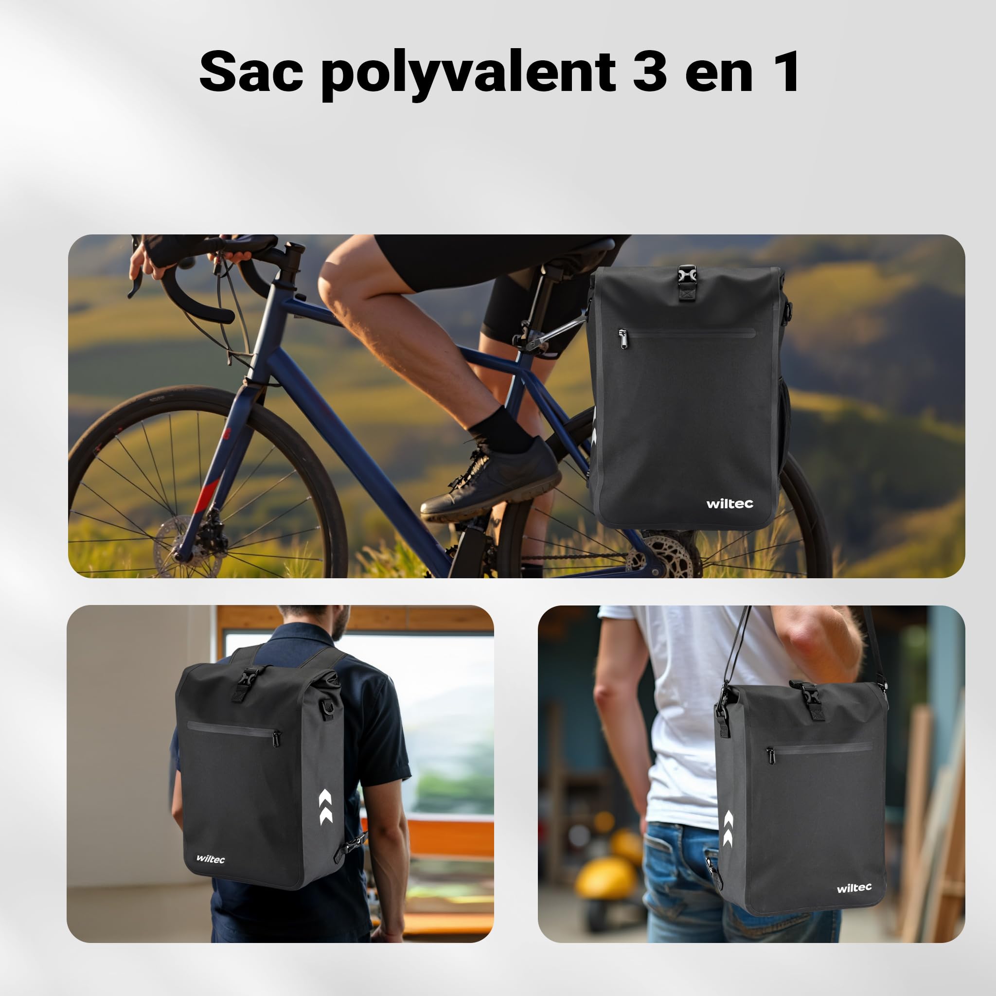 Wiltec Sacoche sac à dos étanche pour porte-bagages noire – capacité de 25 L – en 600D TPU – avec compartiment pour ordinateur portable – pour vélos et vélos électriques – Sac de bicyclette – Cyclisme
