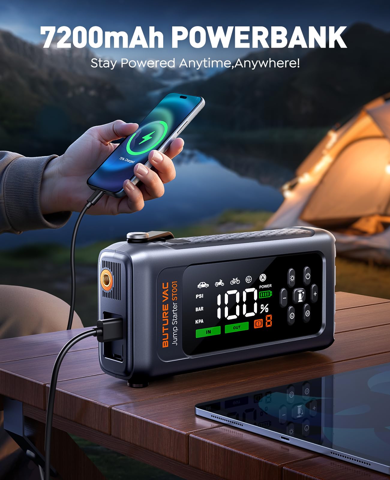 Booster Batterie Voiture avec Compresseur à Air 5000A 150PSI, 12V Démarreur (9L Tout Gaz ou 8L Diesel), 500 Lumière LED 4 Modes, Grand Écran, Gants