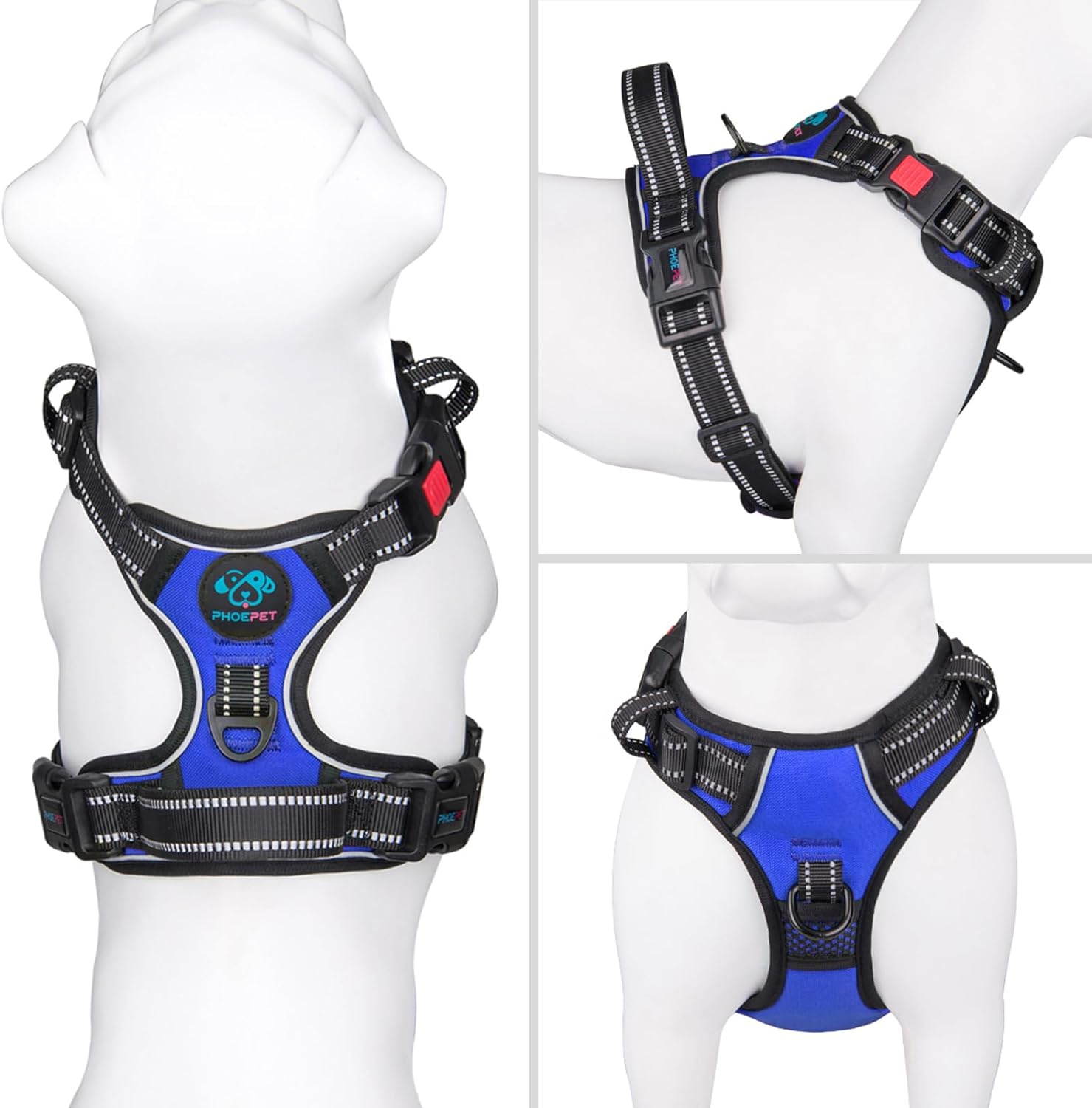 PHOEPET No Pull Dog Harness Medium Reflective Front Clip Vest with Handle,Adjustable 2 Metal Rings 3 Buckles,[Easy to Put on & Take Off](L, Royal Blue) Large Royal Blue