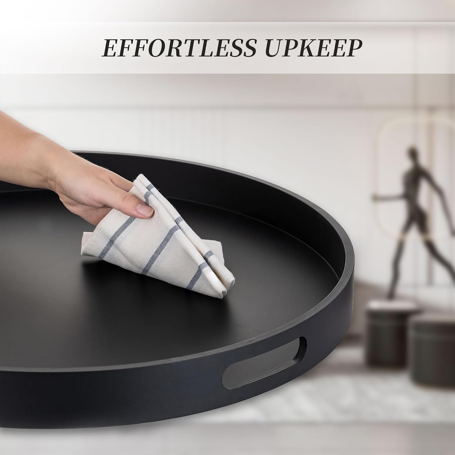 Hanobe Ottoman Tray Serving Decor: Round Large Coffee Table Black Decorative with Handles for Home Living Room - Image 6