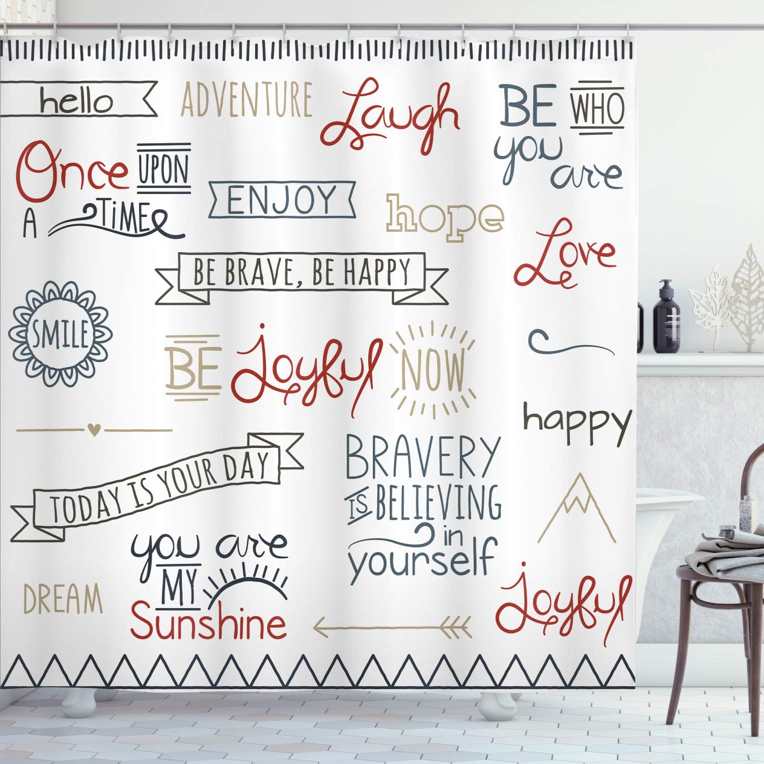 Ambesonne Adventure Shower Curtain, Various Words on Happiness and Self Value Uplifting Phrases Being Who You are, Cloth Fabric Bathroom Decor Set with Hooks, 69" W x 70" L, Night Blue