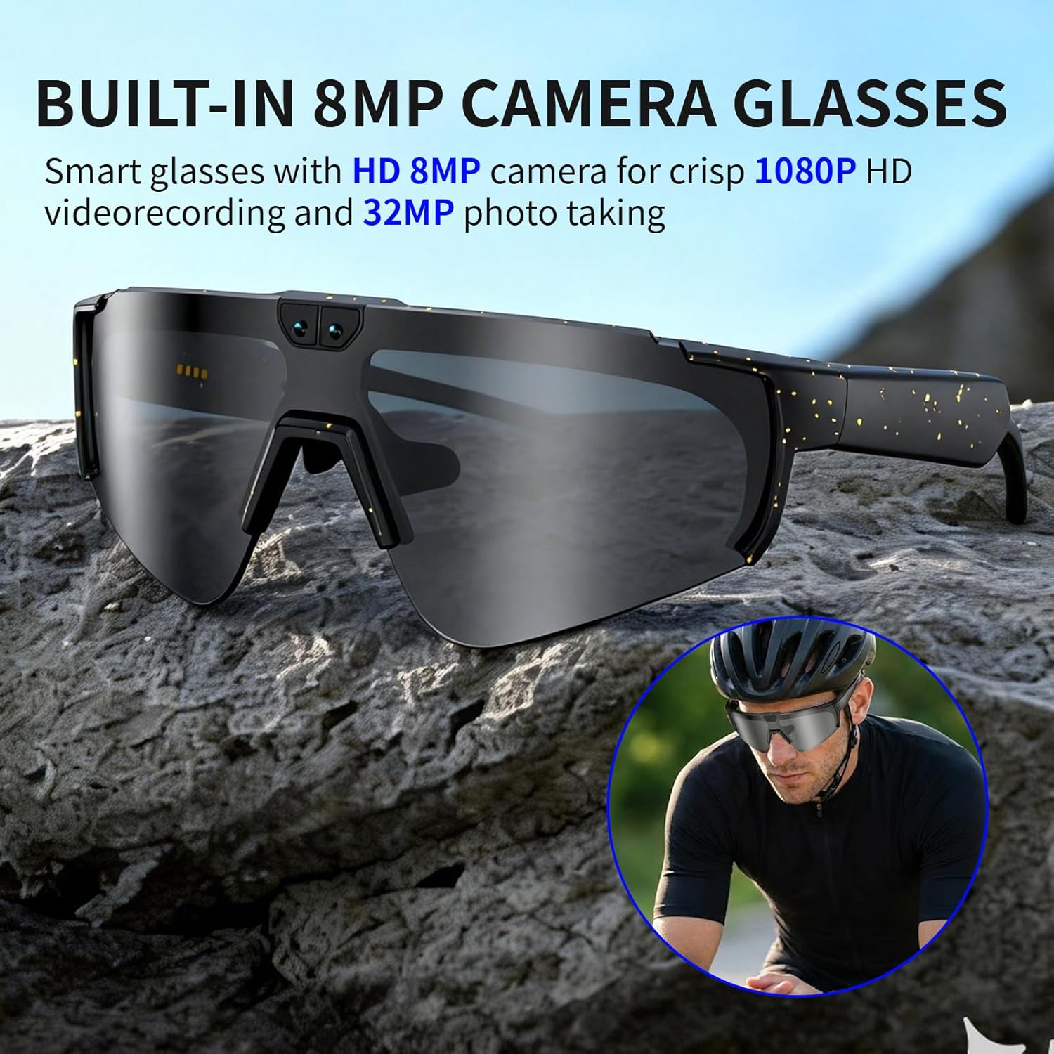 Smart AI Glasses with Camera, Video Recording Glasses with Anti-Shake, Smart Bluetooth Sunglasses for Men Women, Noise Cancellation, Voice Assistant, Smart Sunglasses For Hiking/Cycling/Running