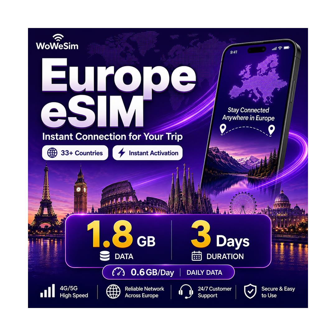 Europe eSIM 1.8GB - 3 Days 5G LTE Hotspot No Physical SIM