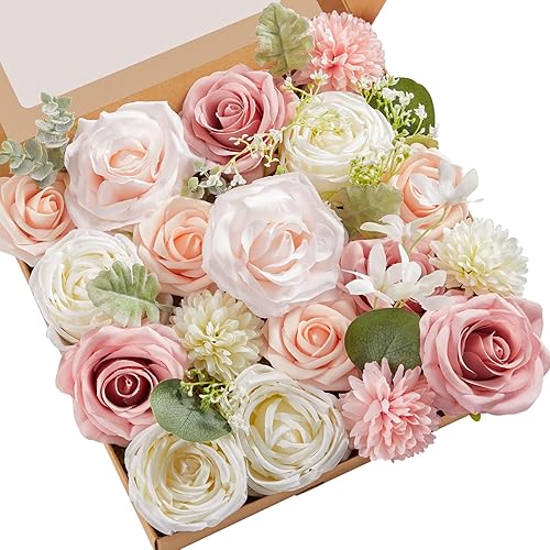 Serwalin Flores artificiales de seda falsas para ramos de boda, decoración de pasteles, rosas mixtas, colores rosa y blanco, arreglos de centros de