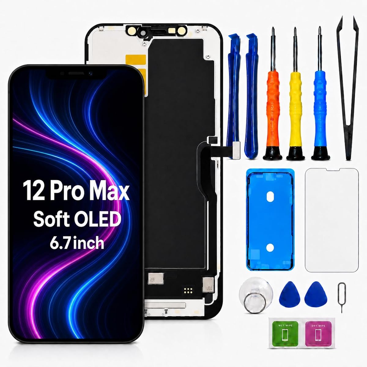 Soft OLED for iPhone 12 Pro Max Screen Replacement | 6.7 Inch FHD OLED Display and Touch Digitizer Screen, True Tone Programmable, Face ID Remains with Repair Tools Kit