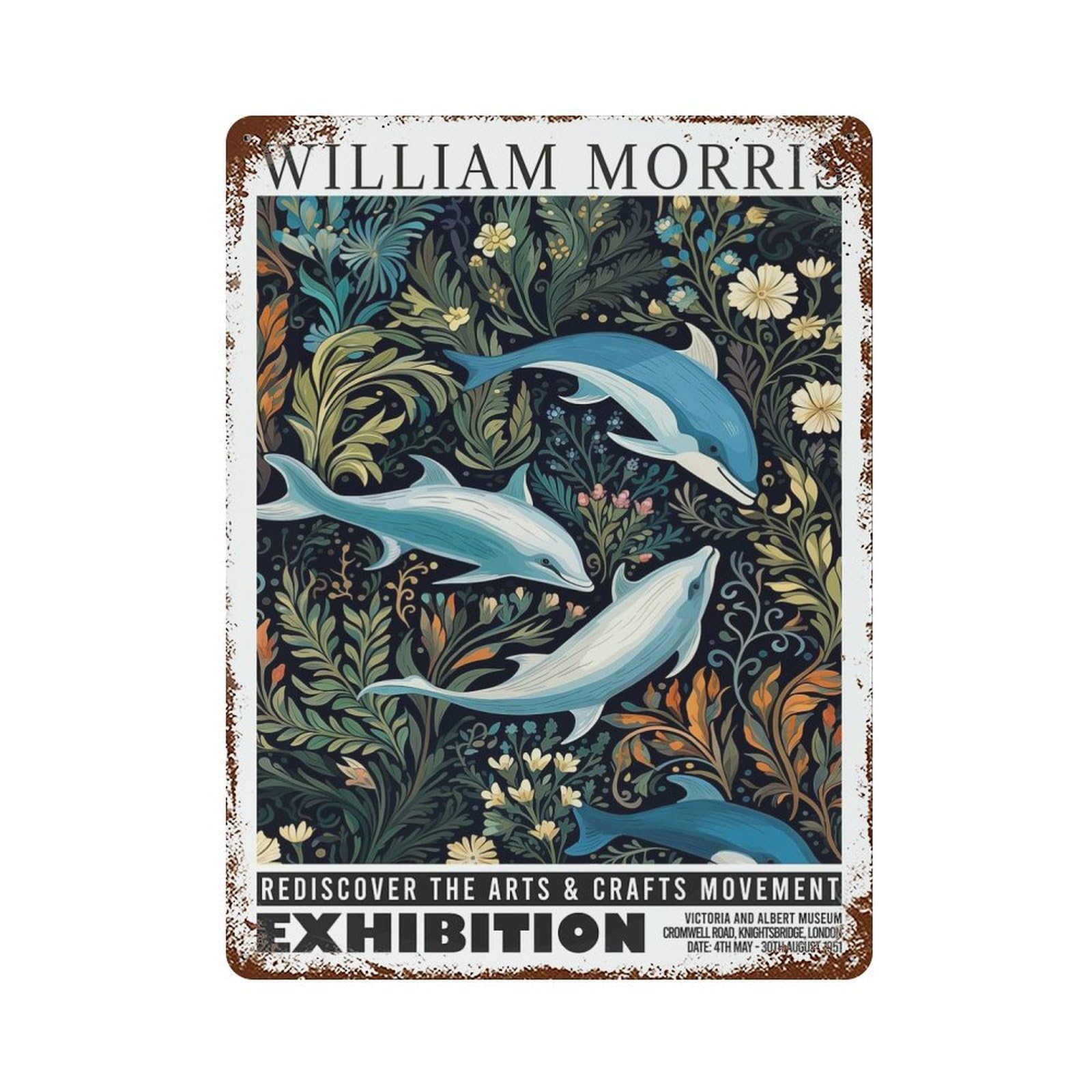 Retro Metal Sign with Morris Dolphins Botanical Exhibition Design 15.7"x11.8", for Farmhouse, Kitchen And Entryway Decor, Shabby Chic Decor